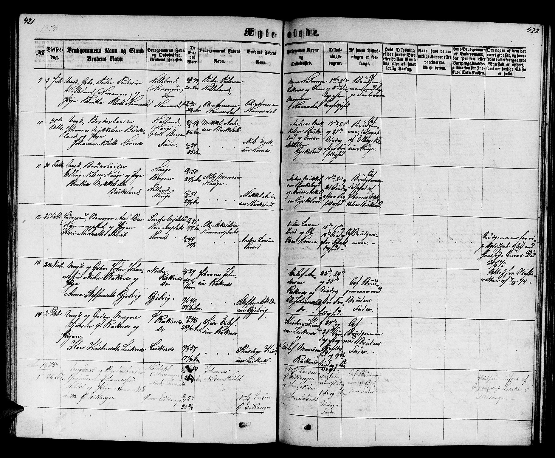 Hamre sokneprestembete, SAB/A-75501/H/Ha/Hab: Parish register (copy) no. B 2, 1863-1880, p. 421-422
