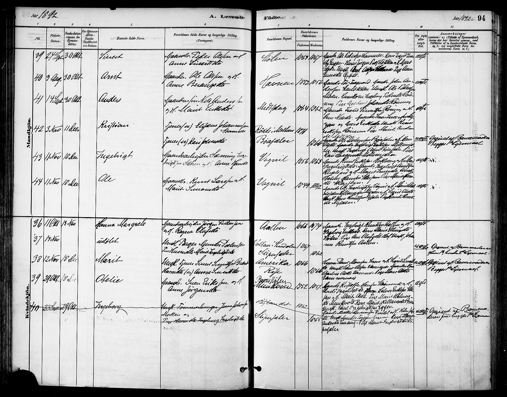 Ministerialprotokoller, klokkerbøker og fødselsregistre - Sør-Trøndelag, AV/SAT-A-1456/678/L0901: Parish register (official) no. 678A10, 1881-1894, p. 94