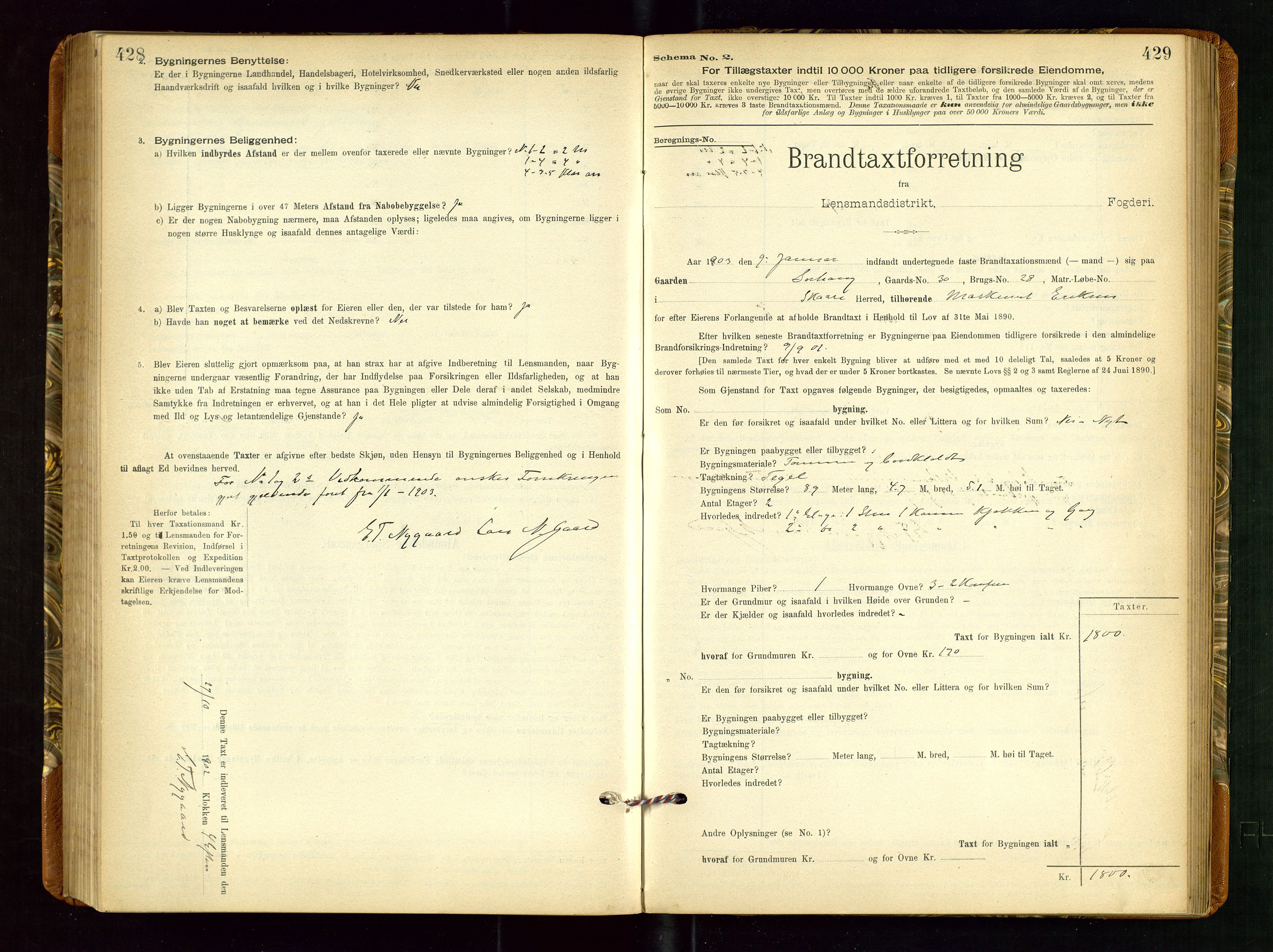 Torvestad lensmannskontor, SAST/A-100307/1/Gob/L0002: "Brandtakstprotokol for Lensmanden i Torvestad", 1900-1905, p. 428-429