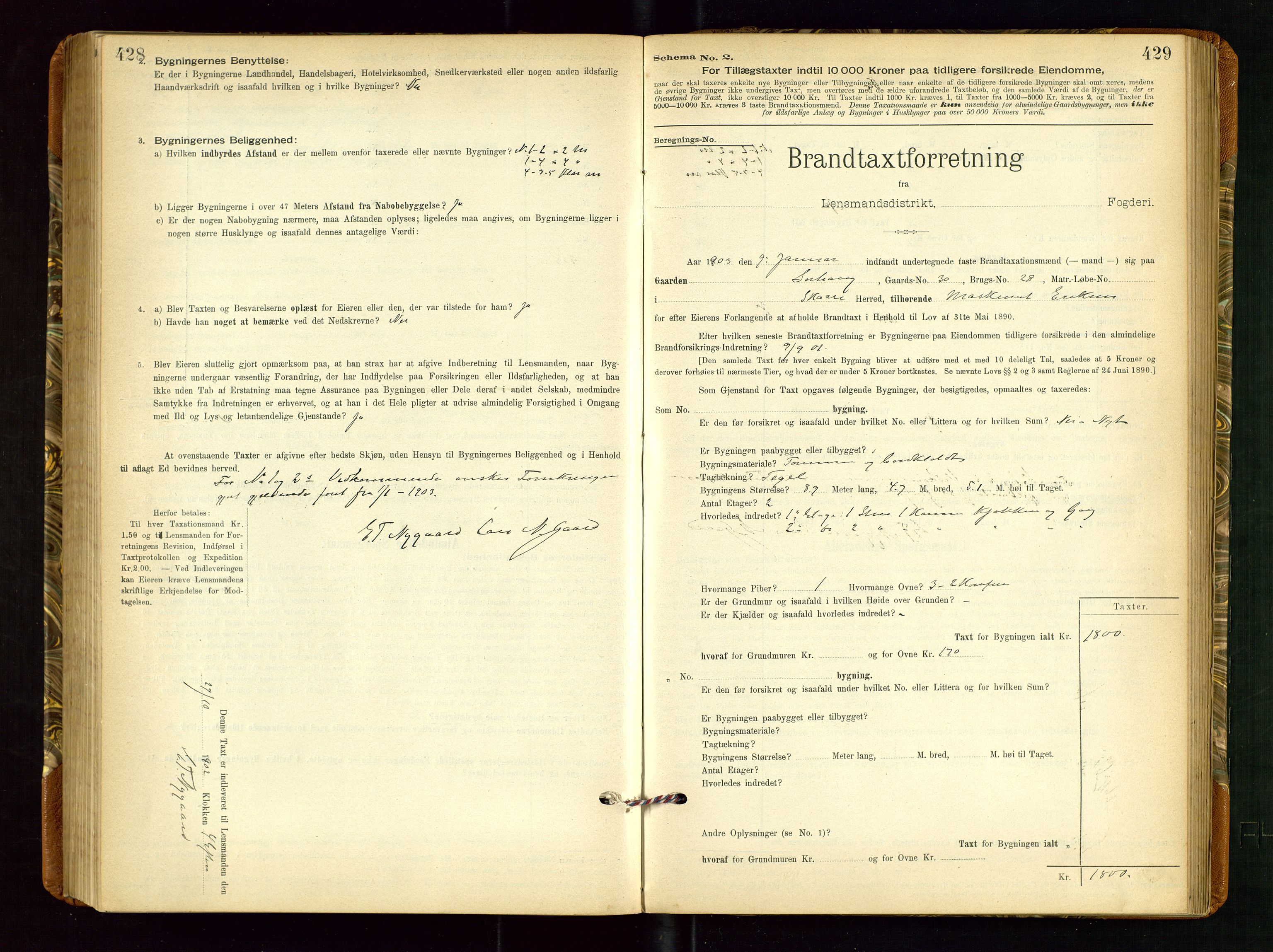 Torvestad lensmannskontor, AV/SAST-A-100307/1/Gob/L0002: "Brandtakstprotokol for Lensmanden i Torvestad", 1900-1905, p. 428-429