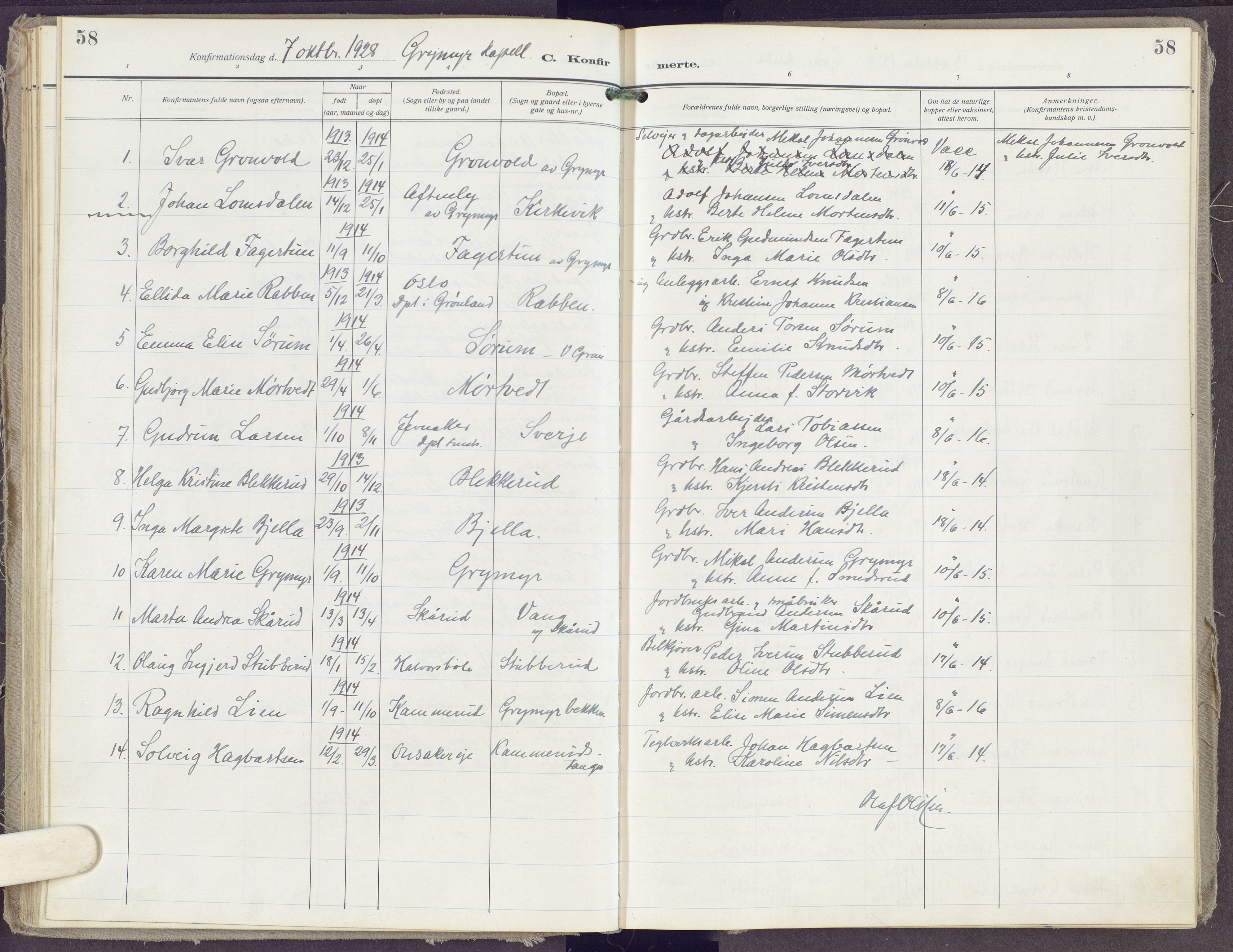 Gran prestekontor, SAH/PREST-112/H/Ha/Haa/L0023: Parish register (official) no. 23, 1919-1938, p. 58