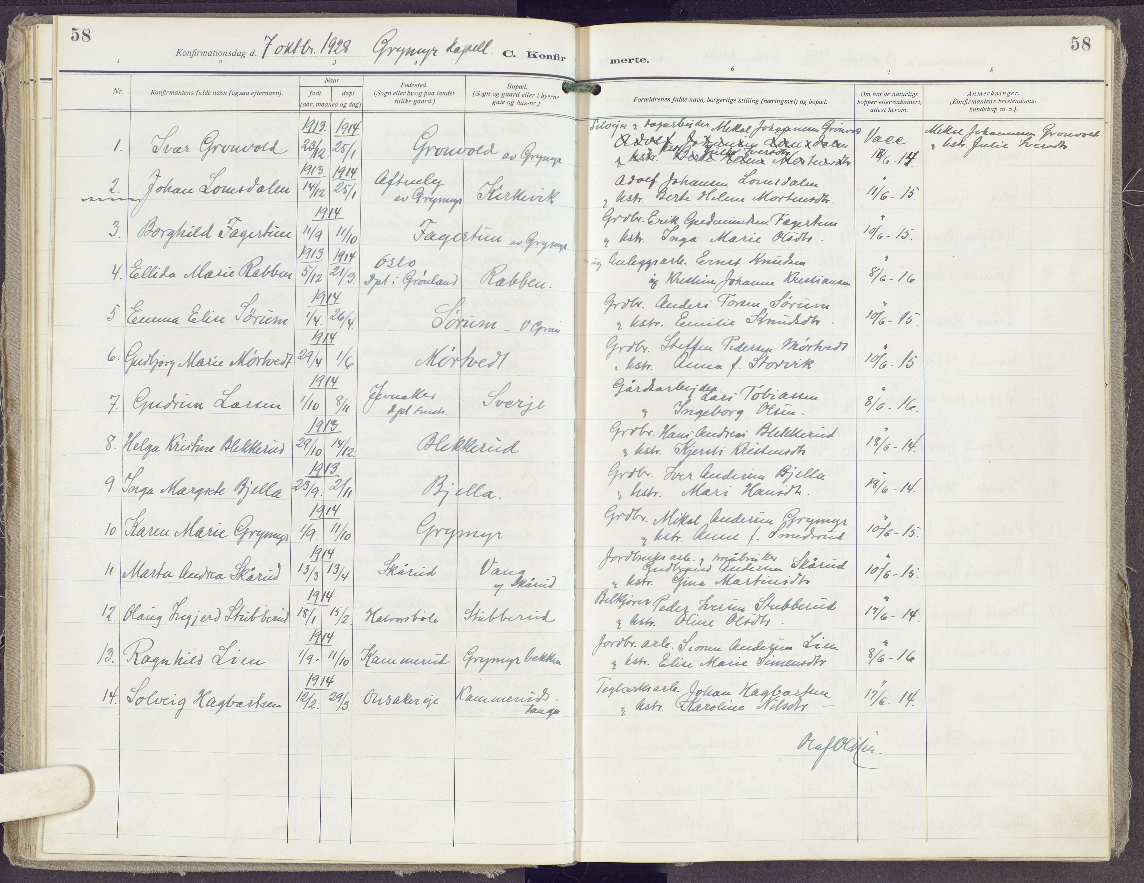 Gran prestekontor, AV/SAH-PREST-112/H/Ha/Haa/L0023: Parish register (official) no. 23, 1919-1938, p. 58