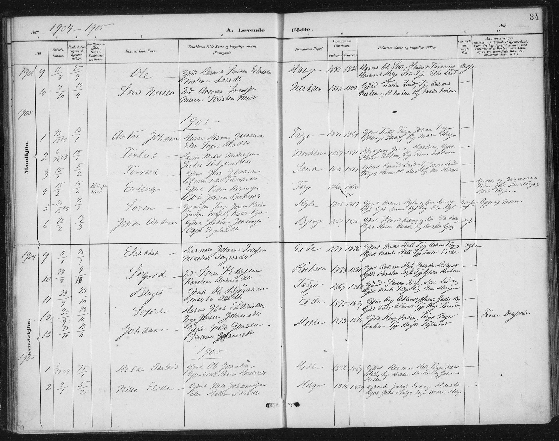 Nedstrand sokneprestkontor, AV/SAST-A-101841/01/IV: Parish register (official) no. A 13, 1887-1915, p. 34