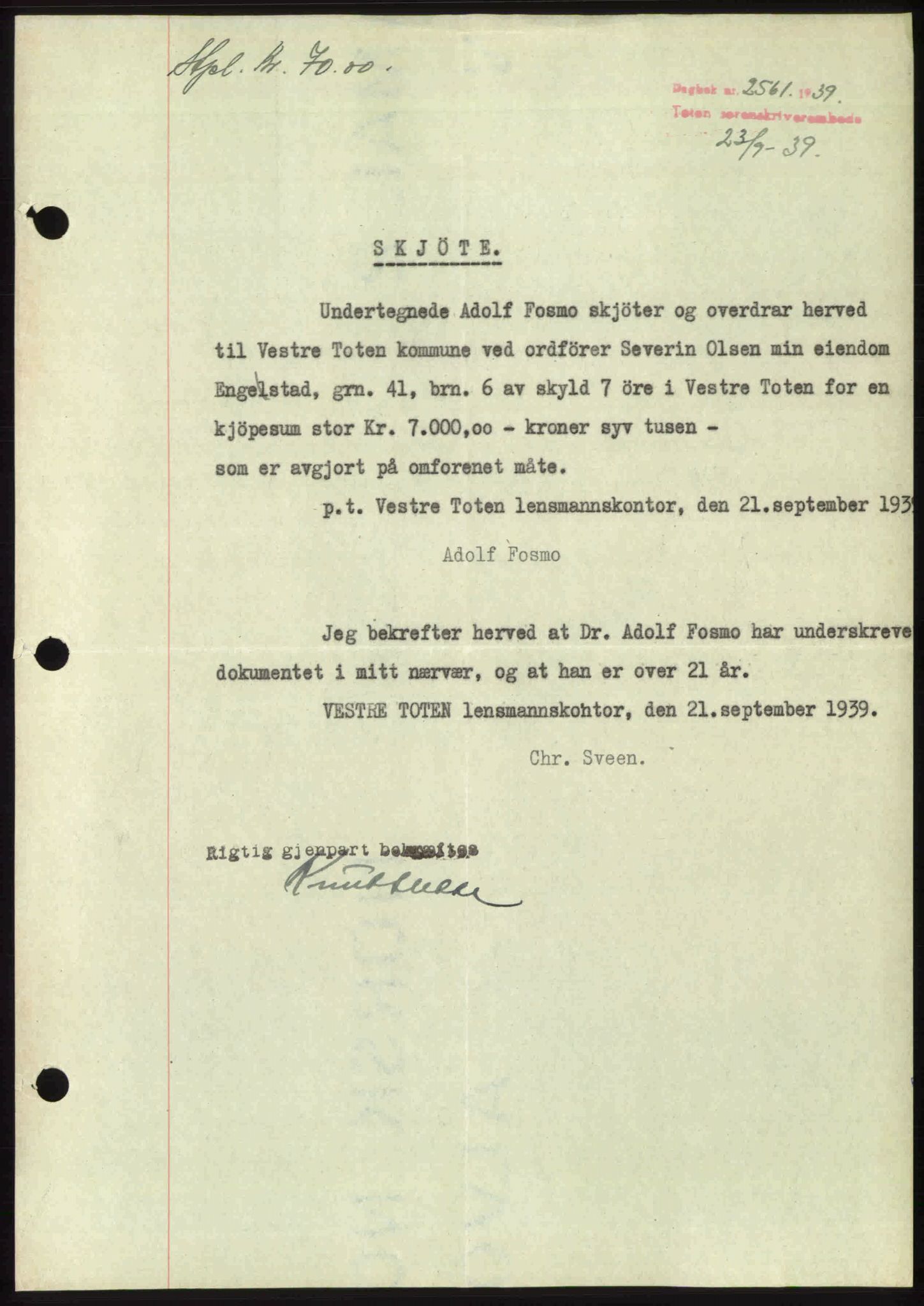 Toten tingrett, SAH/TING-006/H/Hb/Hbc/L0006: Mortgage book no. Hbc-06, 1939-1939, Diary no: : 2561/1939