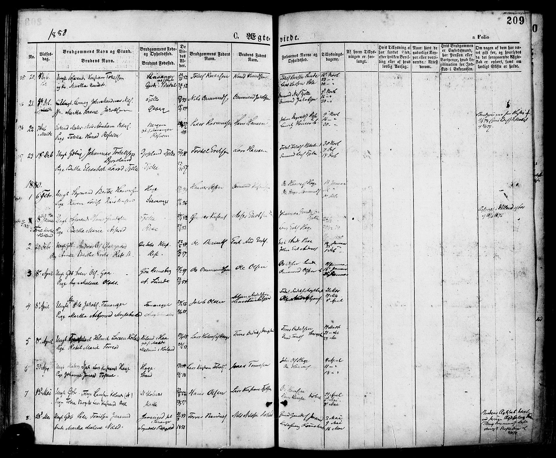 Håland sokneprestkontor, SAST/A-101802/001/30BA/L0009: Parish register (official) no. A 8, 1871-1882, p. 209
