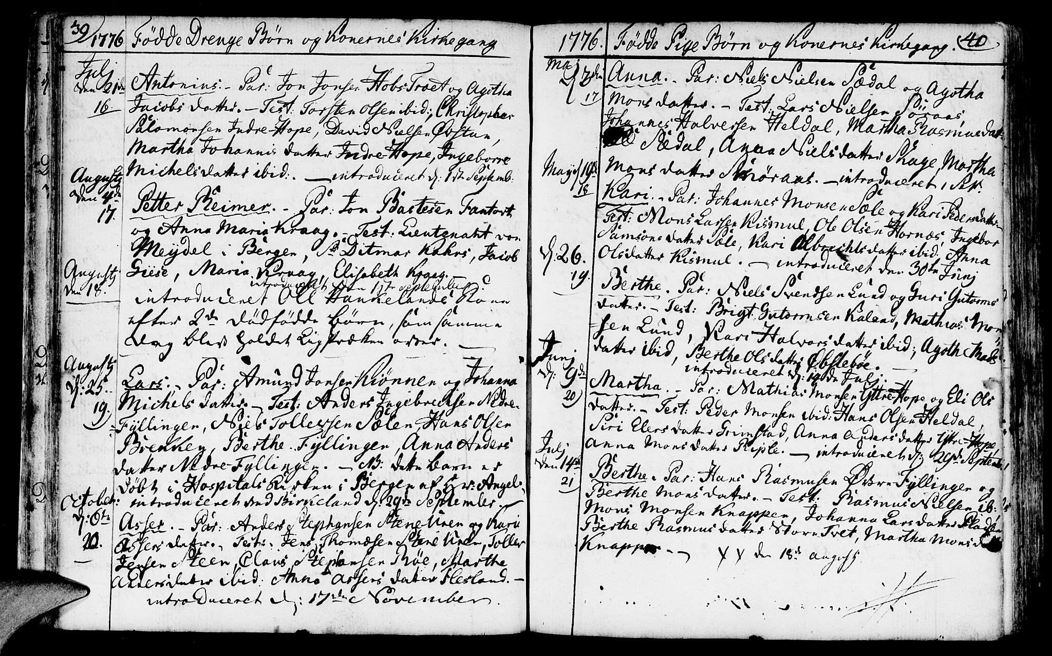 Fana Sokneprestembete, AV/SAB-A-75101/H/Haa/Haaa/L0005: Parish register (official) no. A 5, 1773-1799, p. 39-40