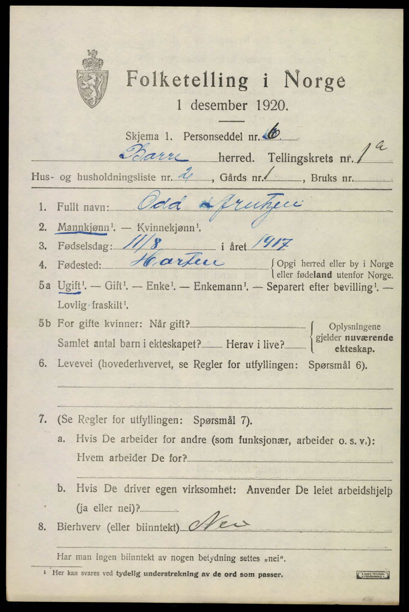 SAKO, 1920 census for Borre, 1920, p. 1406