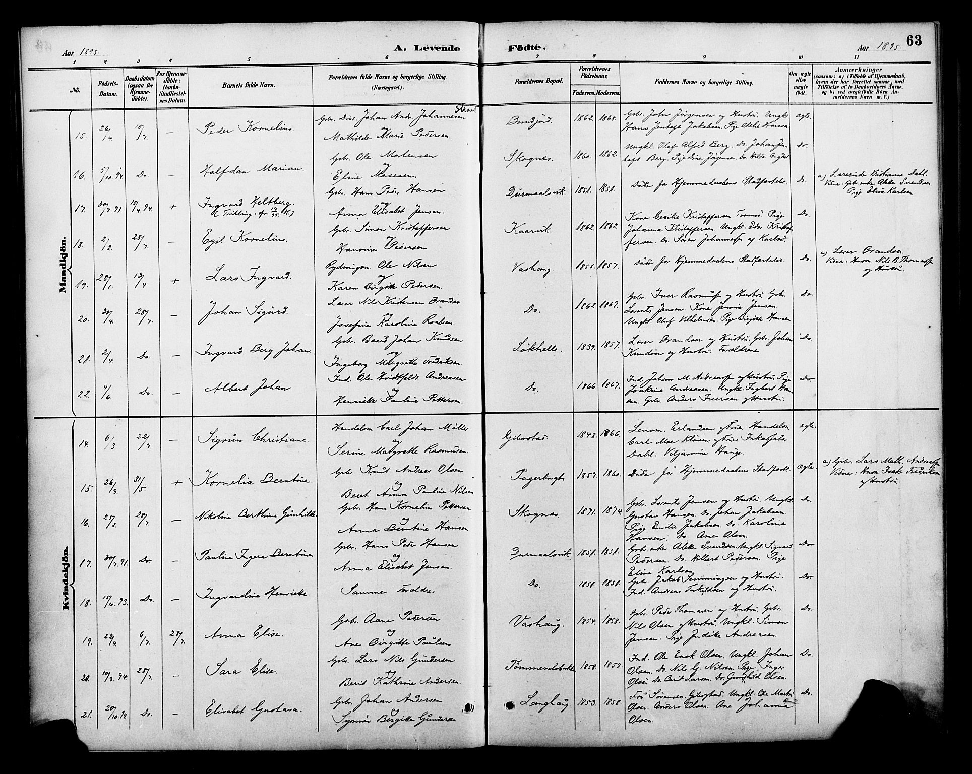 Lenvik sokneprestembete, AV/SATØ-S-1310/H/Ha/Haa/L0013kirke: Parish register (official) no. 13, 1890-1898, p. 63
