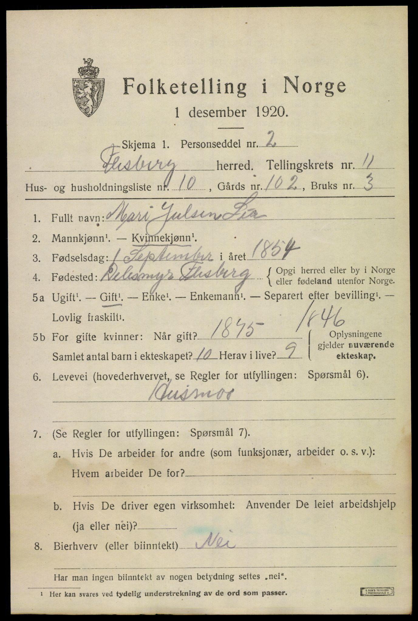 SAKO, 1920 census for Flesberg, 1920, p. 3829