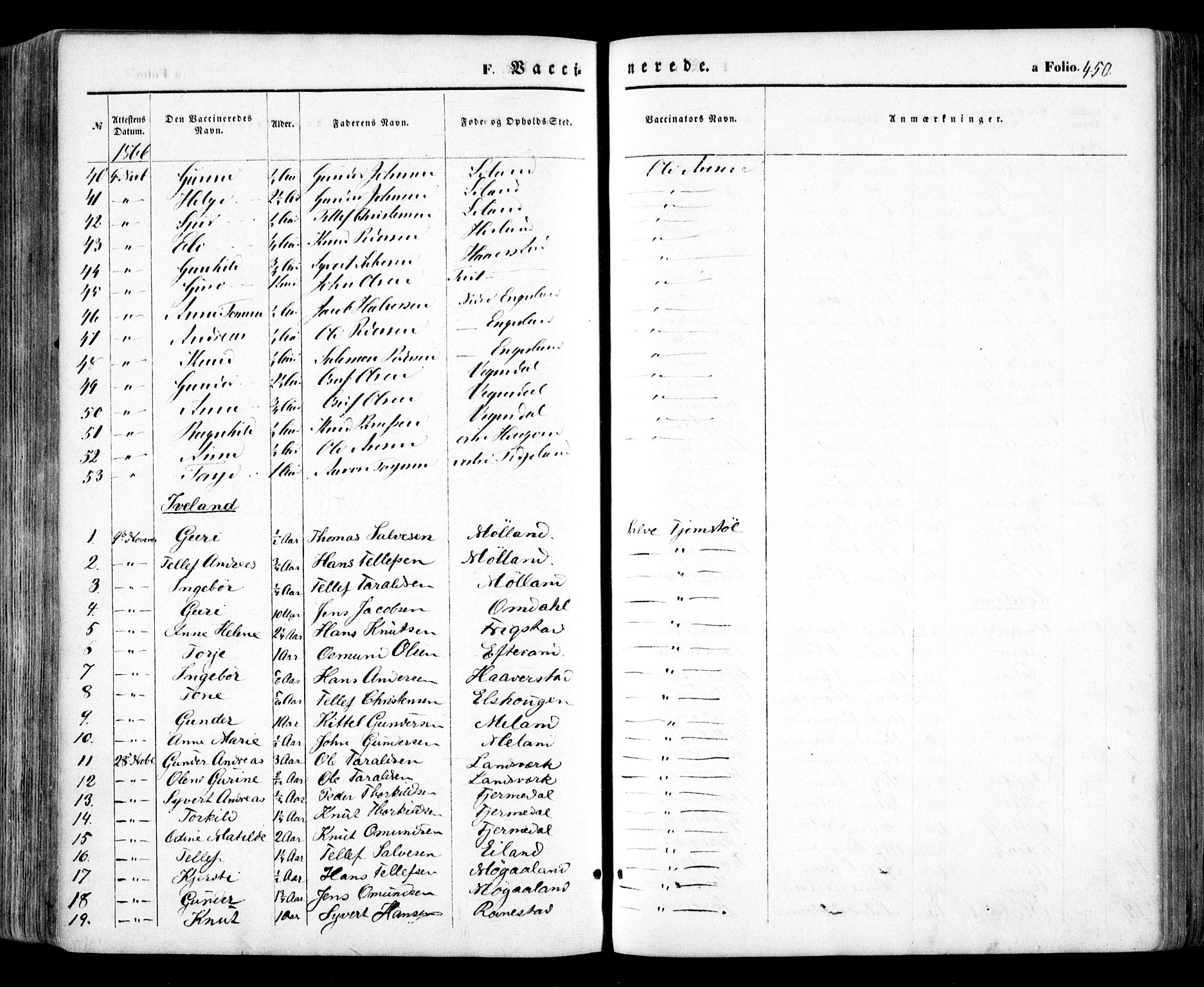 Evje sokneprestkontor, SAK/1111-0008/F/Fa/Faa/L0006: Parish register (official) no. A 6, 1866-1884, p. 450