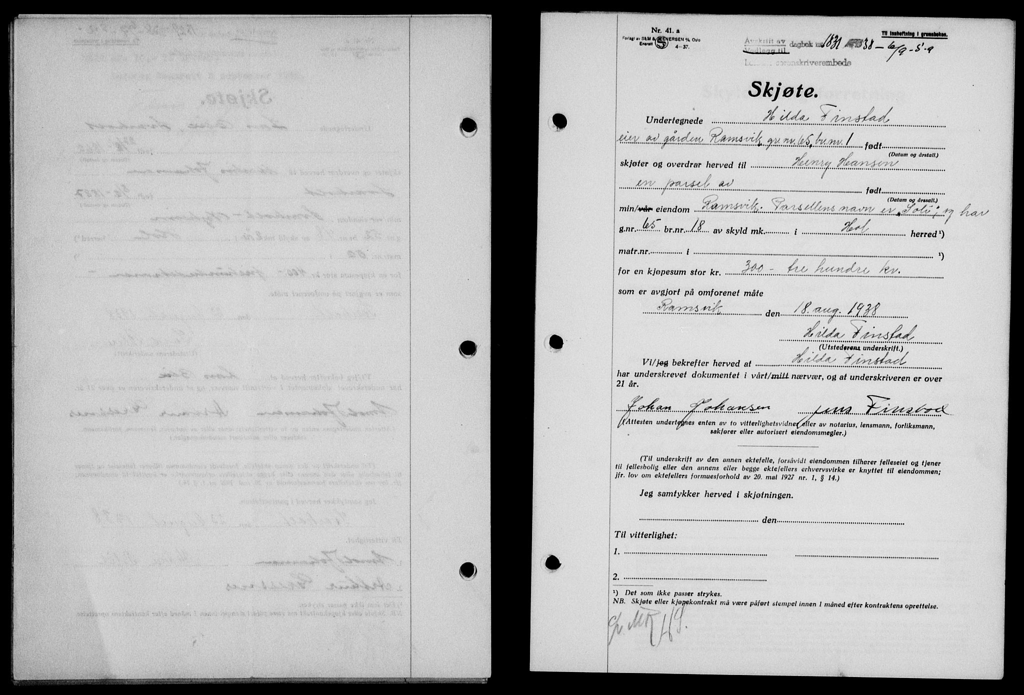 Lofoten sorenskriveri, SAT/A-0017/1/2/2C/L0004a: Mortgage book no. 4a, 1938-1938, Diary no: : 1831/1938