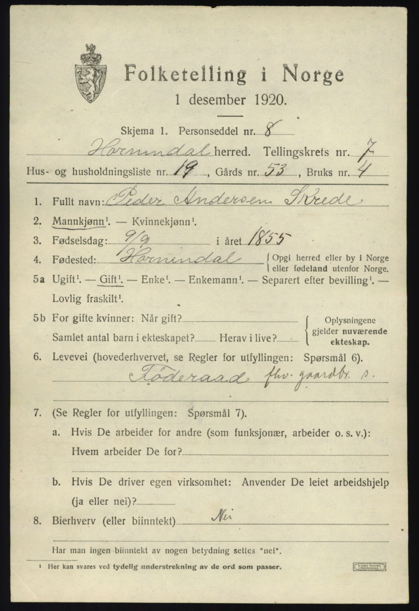 SAB, 1920 census for Hornindal, 1920, p. 3802