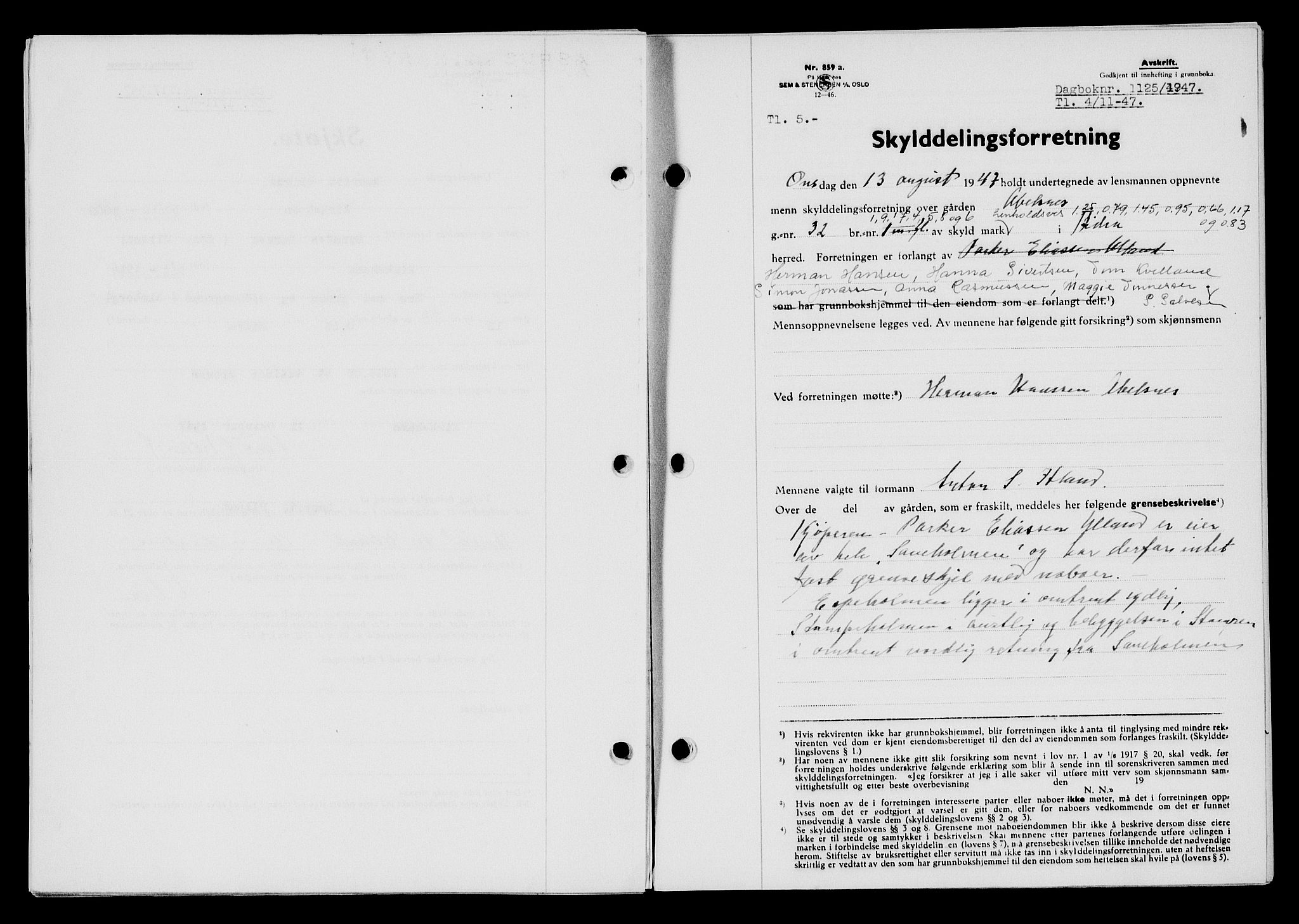 Flekkefjord sorenskriveri, SAK/1221-0001/G/Gb/Gba/L0063: Mortgage book no. A-11, 1947-1948, Diary no: : 1125/1947
