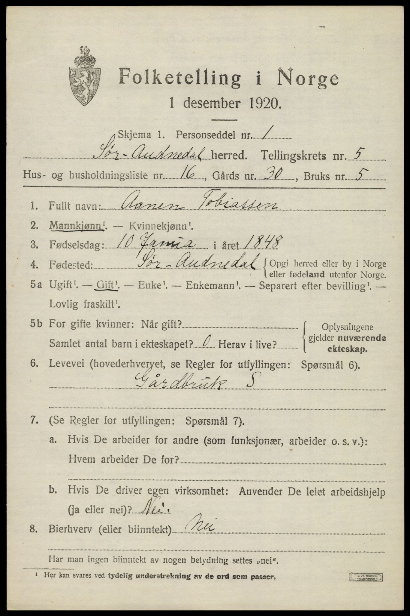 SAK, 1920 census for Sør-Audnedal, 1920, p. 2685