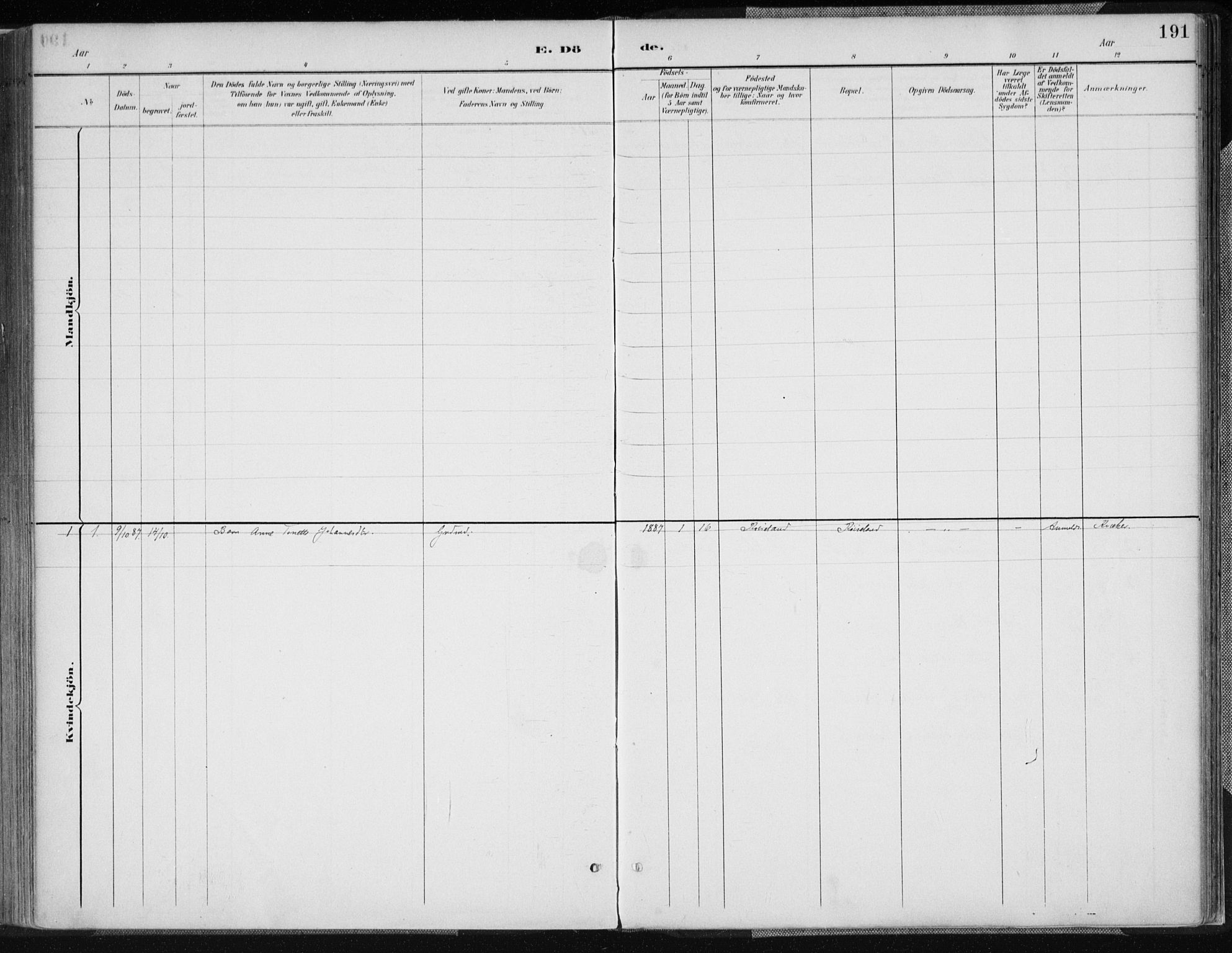 Kvinesdal sokneprestkontor, AV/SAK-1111-0026/F/Fa/Fab/L0008: Parish register (official) no. A 8, 1886-1897, p. 191