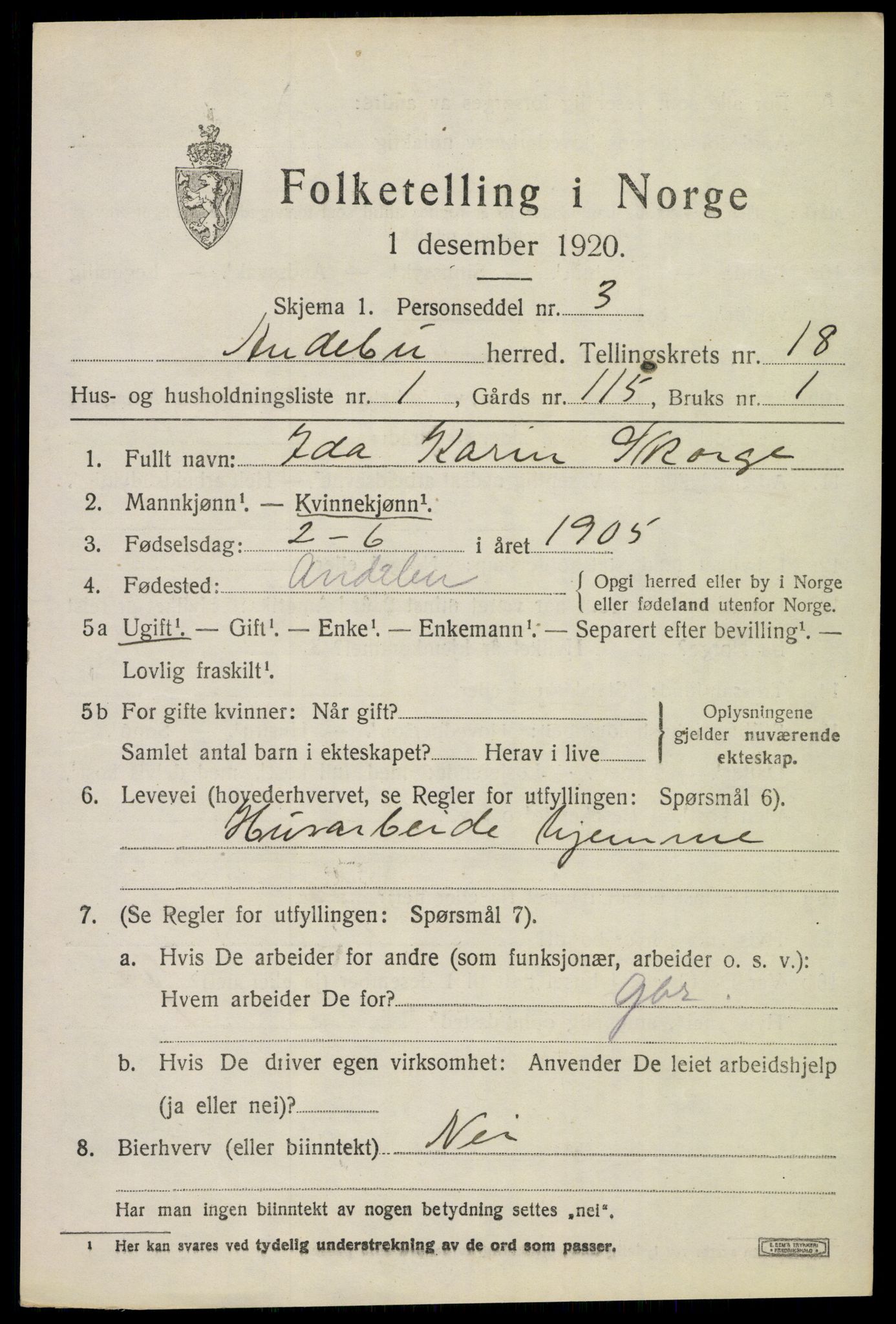 SAKO, 1920 census for Andebu, 1920, p. 6050