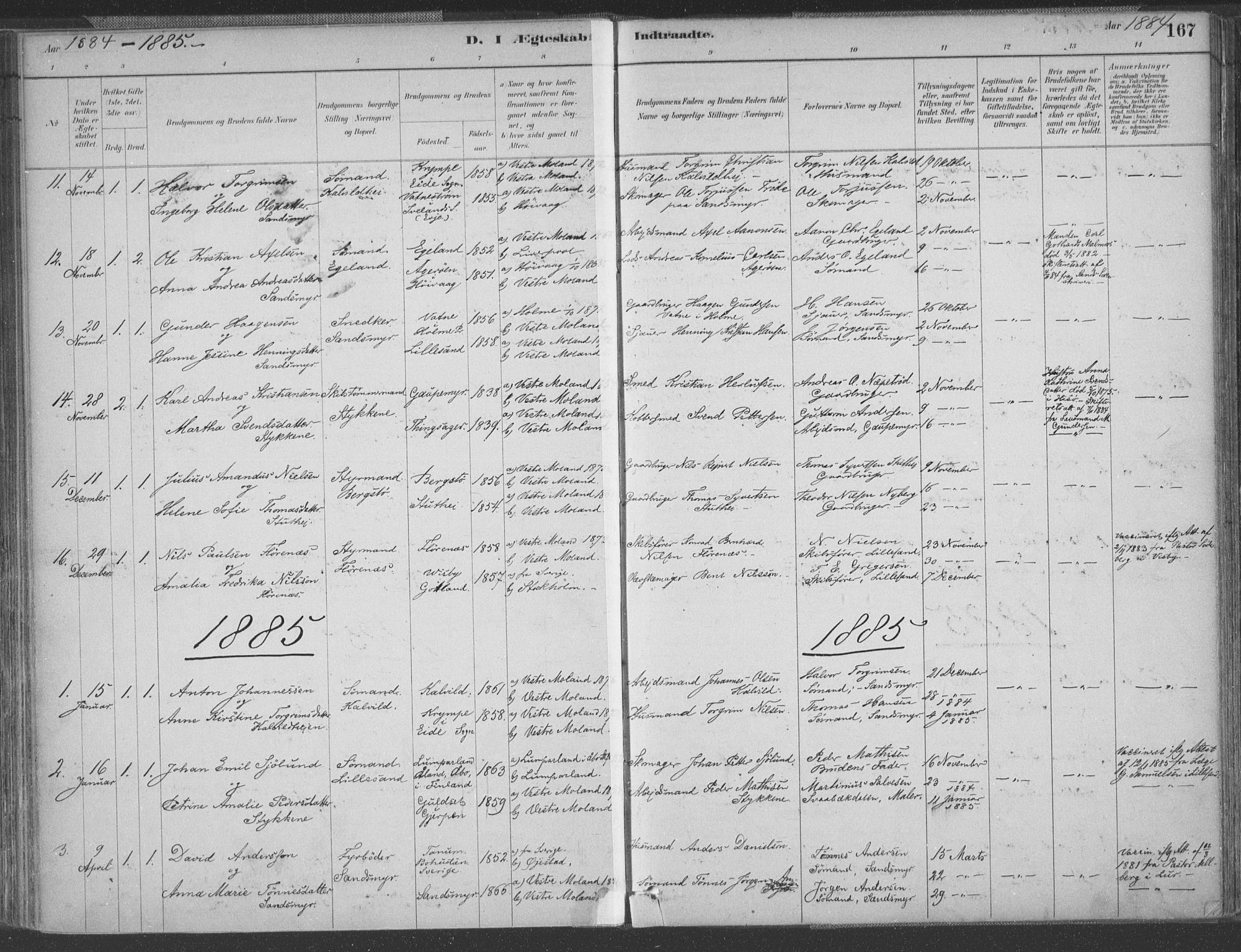 Vestre Moland sokneprestkontor, SAK/1111-0046/F/Fa/Fab/L0009: Parish register (official) no. A 9, 1884-1899, p. 167