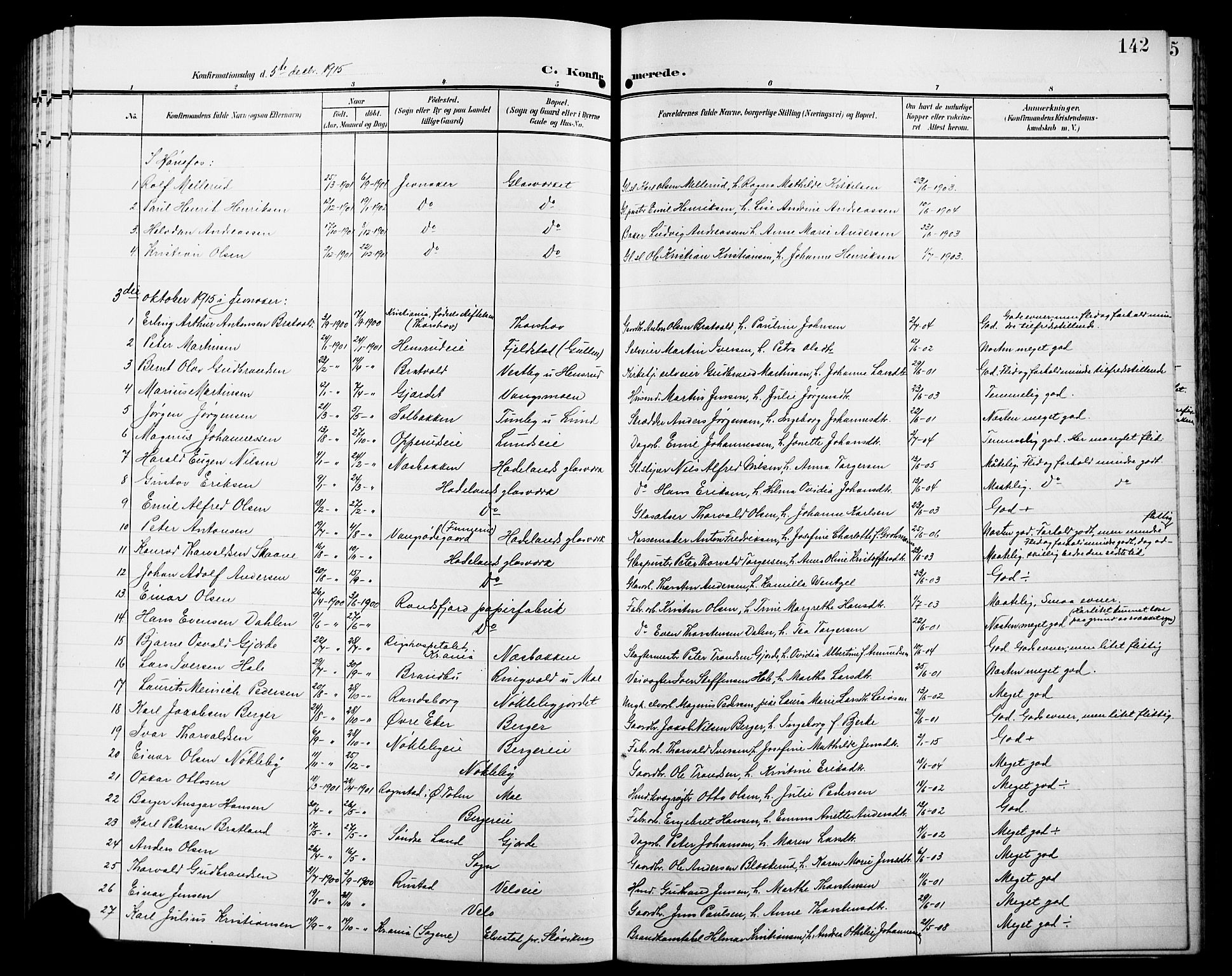 Jevnaker prestekontor, SAH/PREST-116/H/Ha/Hab/L0004: Parish register (copy) no. 4, 1907-1918, p. 142