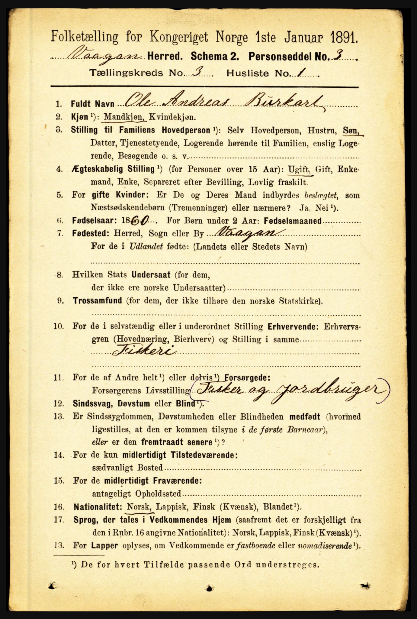 RA, 1891 census for 1865 Vågan, 1891, p. 689