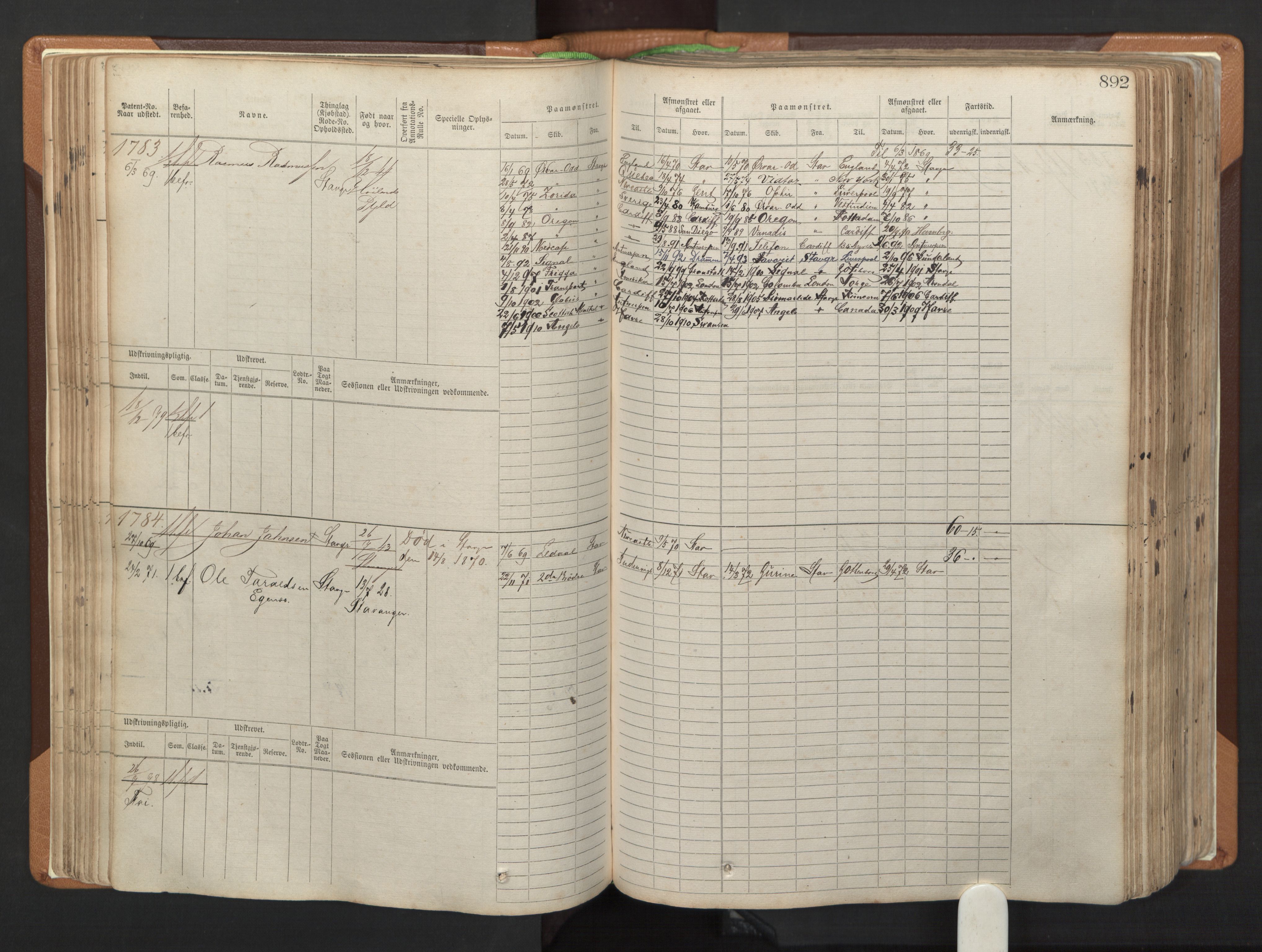 Stavanger sjømannskontor, AV/SAST-A-102006/F/Fb/Fbb/L0006: Sjøfartshovedrulle, patentnr. 1607-2402 (del 3), 1869-1880, p. 91