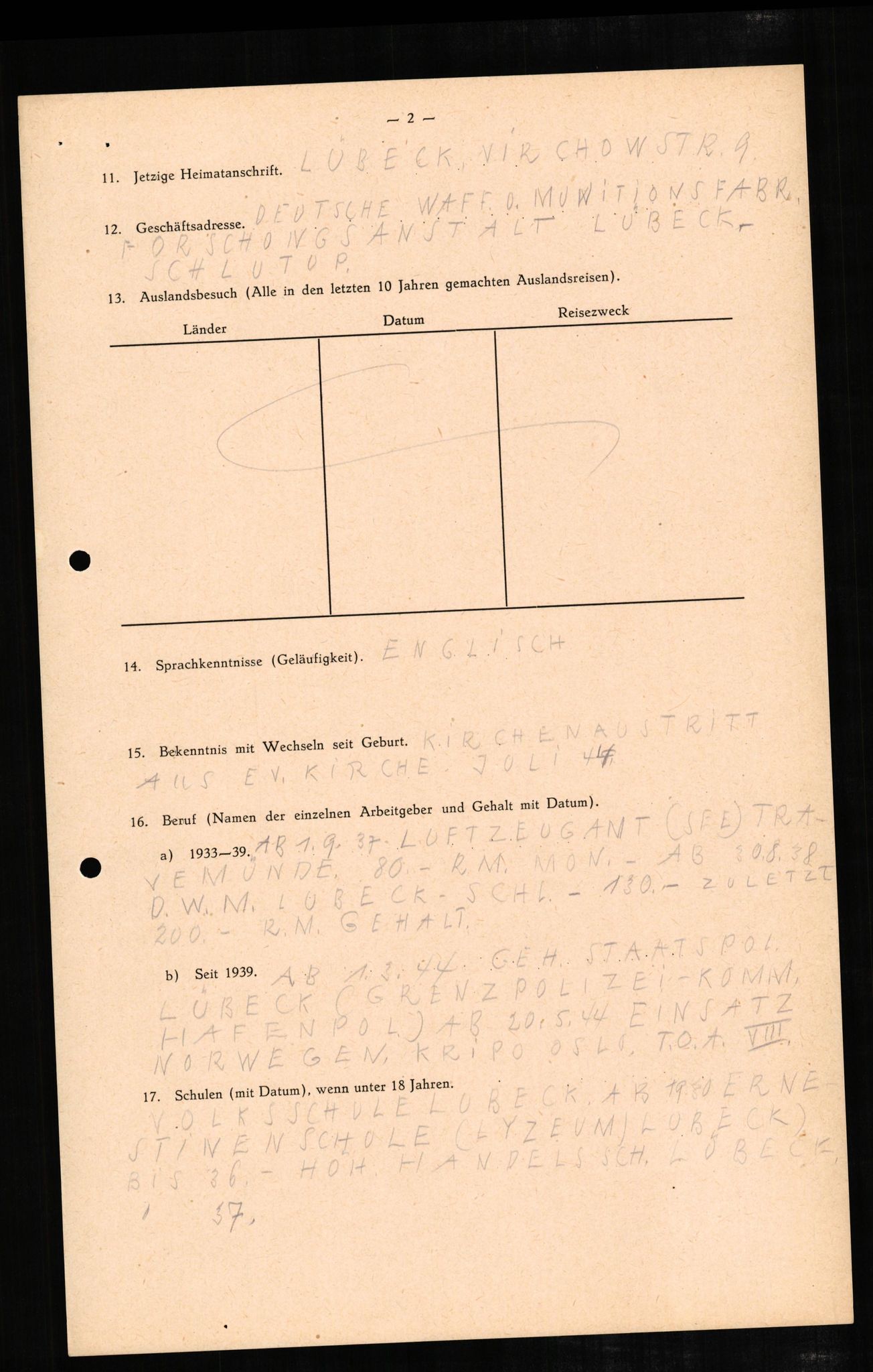 Forsvaret, Forsvarets overkommando II, RA/RAFA-3915/D/Db/L0007: CI Questionaires. Tyske okkupasjonsstyrker i Norge. Tyskere., 1945-1946, p. 74