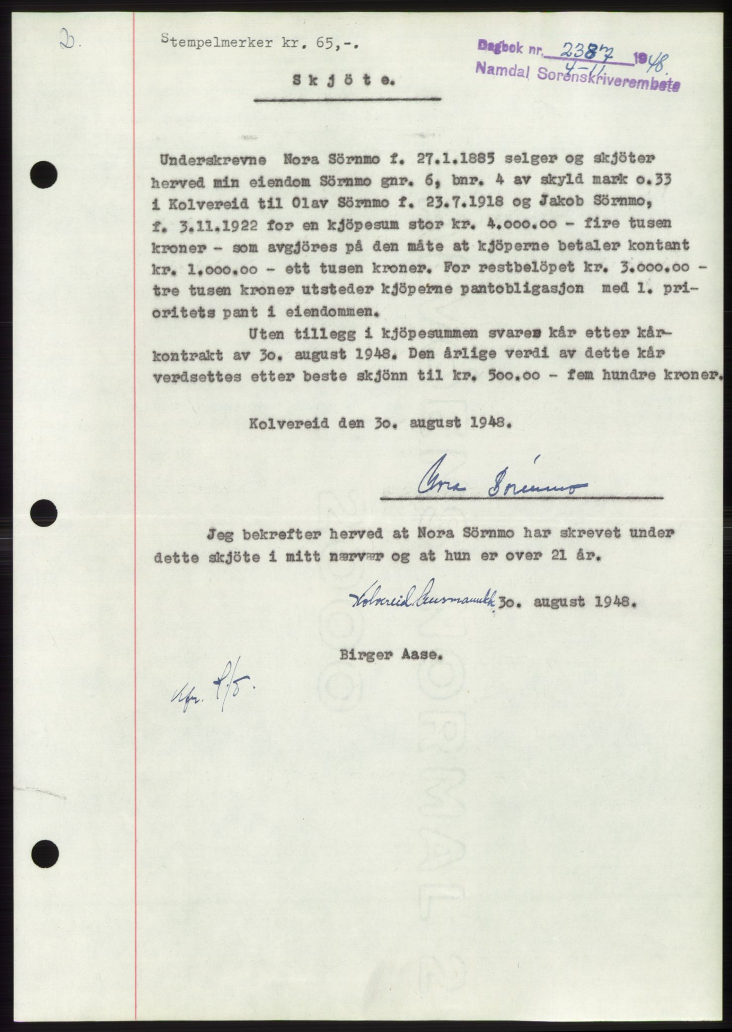 Namdal sorenskriveri, AV/SAT-A-4133/1/2/2C: Mortgage book no. -, 1948-1948, Diary no: : 2387/1948