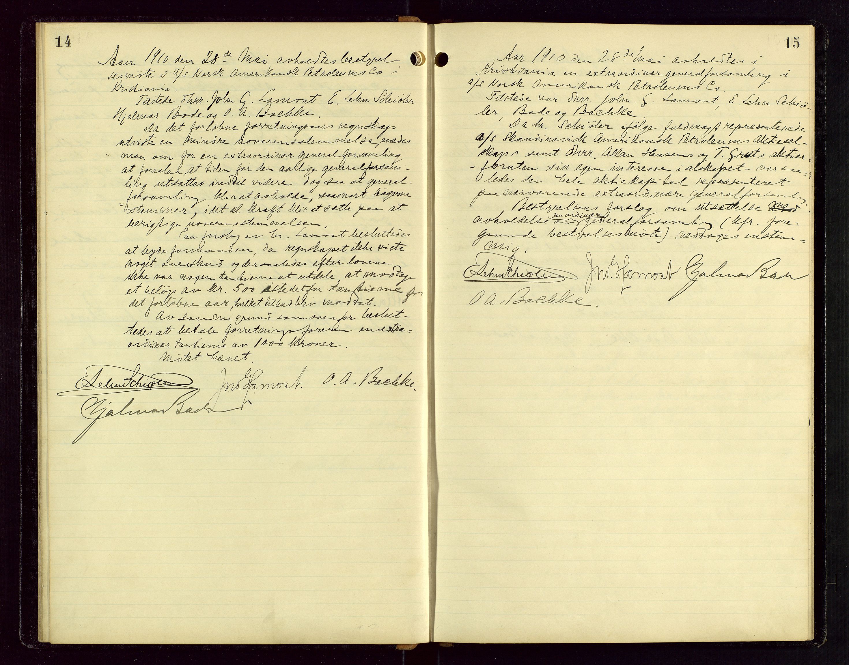 PA 1535 - Norsk-Amerikansk Petroleumscompani A/S, SAST/A-101955/A/Aa/L0001/0001: Styre- og generalforsamlingsprotokoller / Styre - Generalforsamling, 1906-1931, p. 14-15