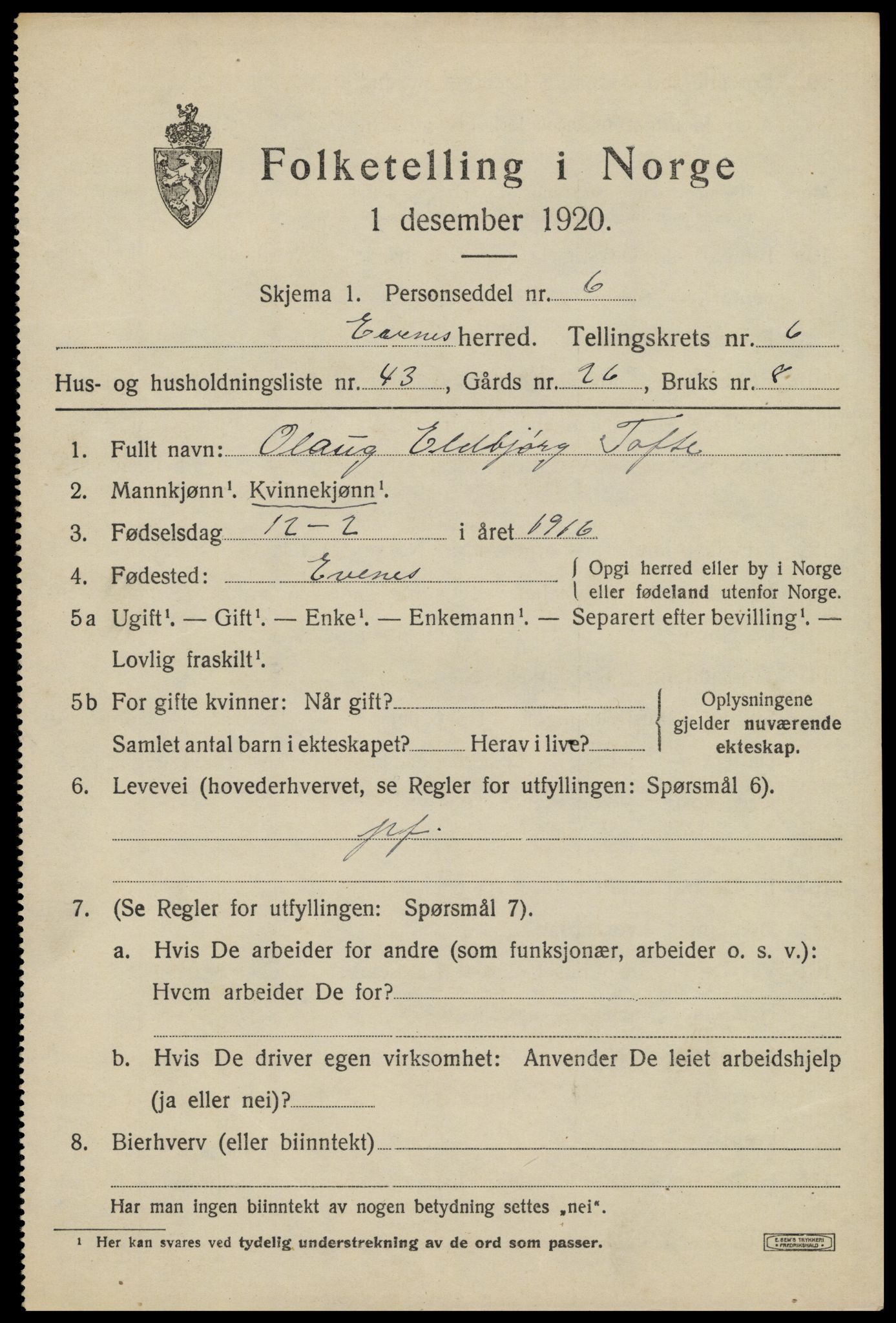 SAT, 1920 census for Evenes, 1920, p. 6022