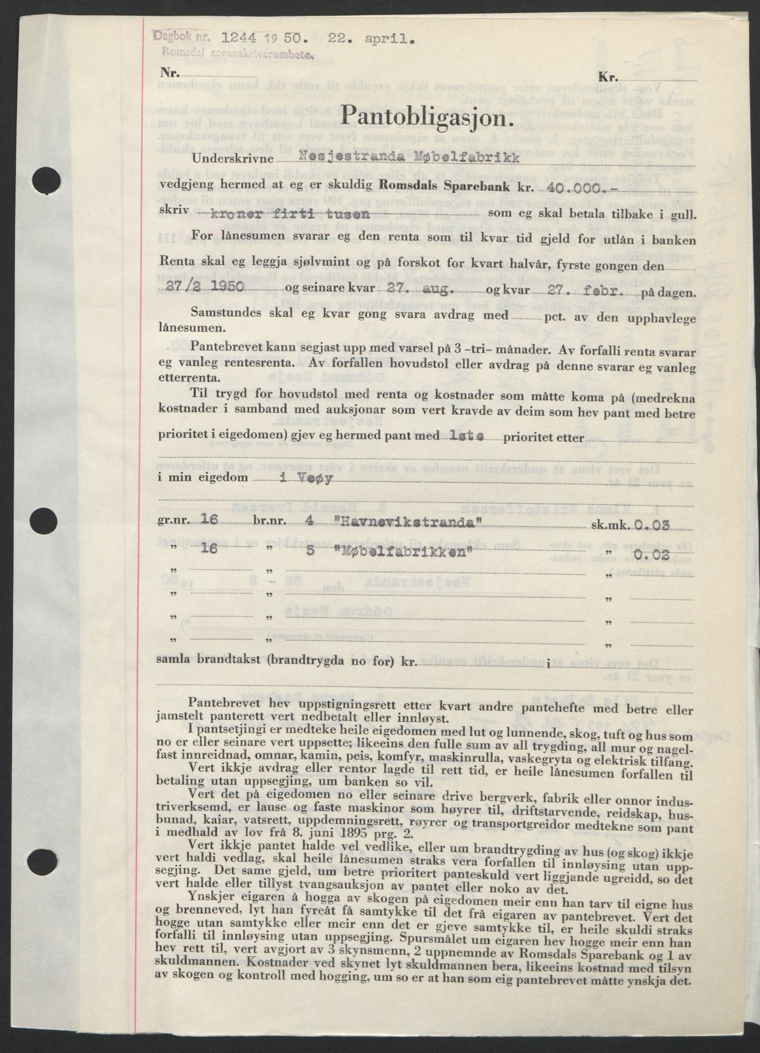 Romsdal sorenskriveri, AV/SAT-A-4149/1/2/2C: Mortgage book no. B5, 1949-1950, Diary no: : 1244/1950