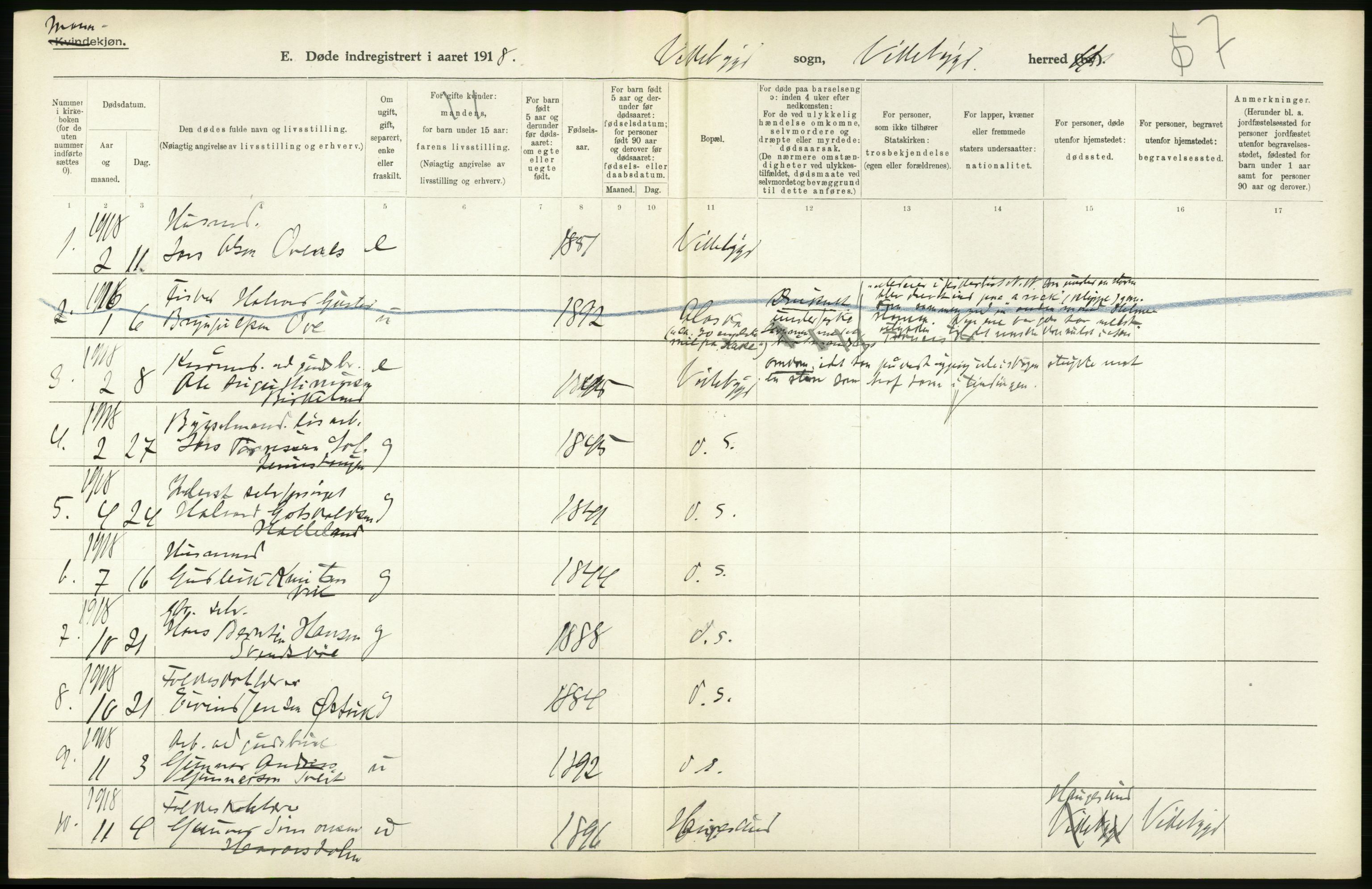 Statistisk sentralbyrå, Sosiodemografiske emner, Befolkning, AV/RA-S-2228/D/Df/Dfb/Dfbh/L0036: Hordaland fylke: Døde., 1918, p. 50