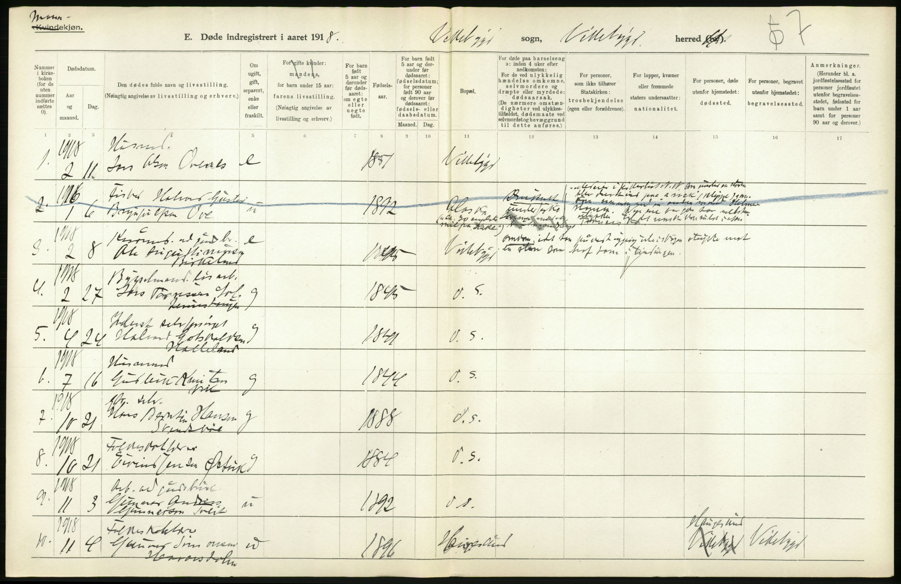 Statistisk sentralbyrå, Sosiodemografiske emner, Befolkning, RA/S-2228/D/Df/Dfb/Dfbh/L0036: Hordaland fylke: Døde., 1918, p. 50