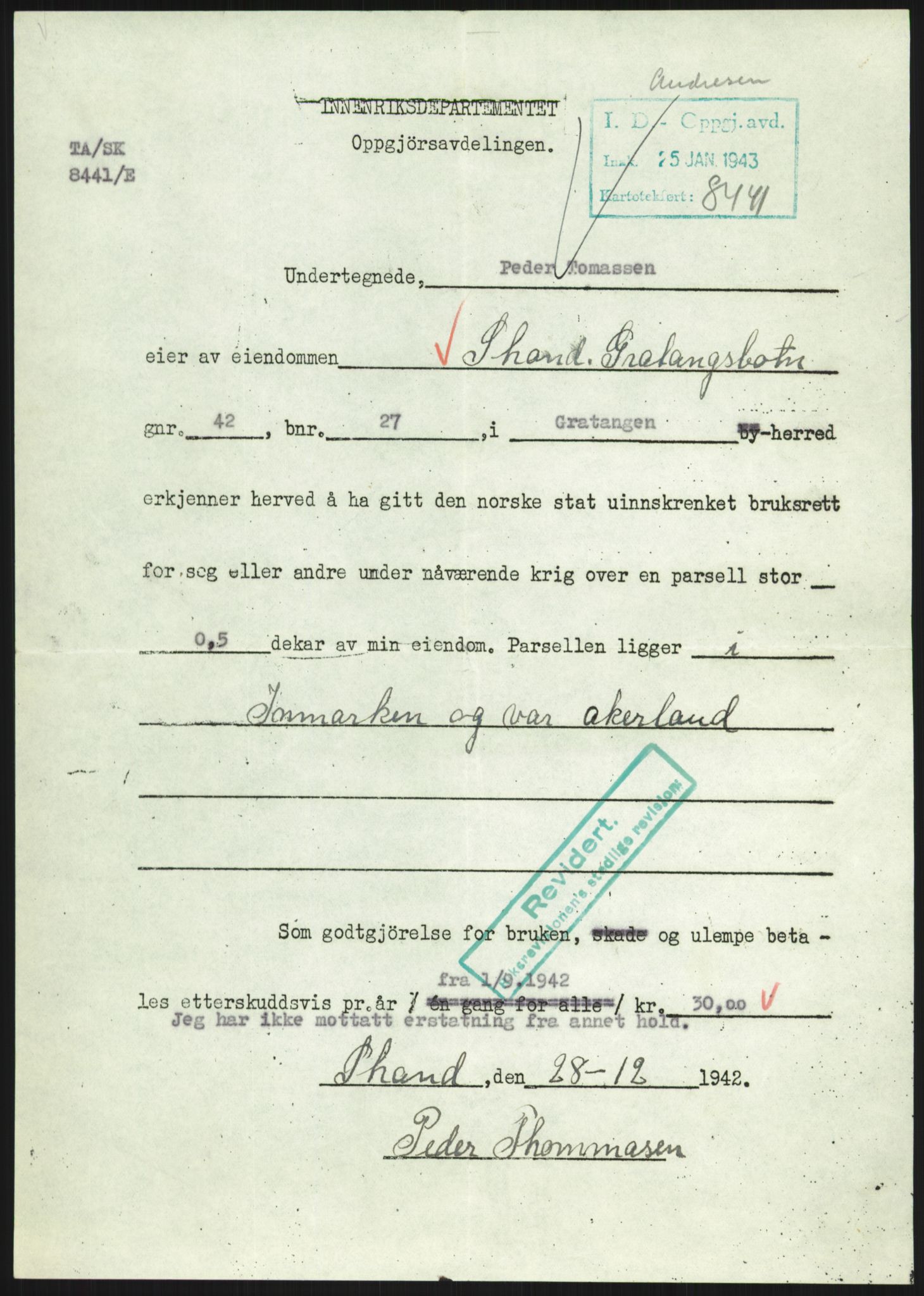 Forsvarsdepartementet, 10. kontor / Oppgjørskontoret, AV/RA-RAFA-1225/D/Dd/L0480: Troms, 1942-1953, p. 467