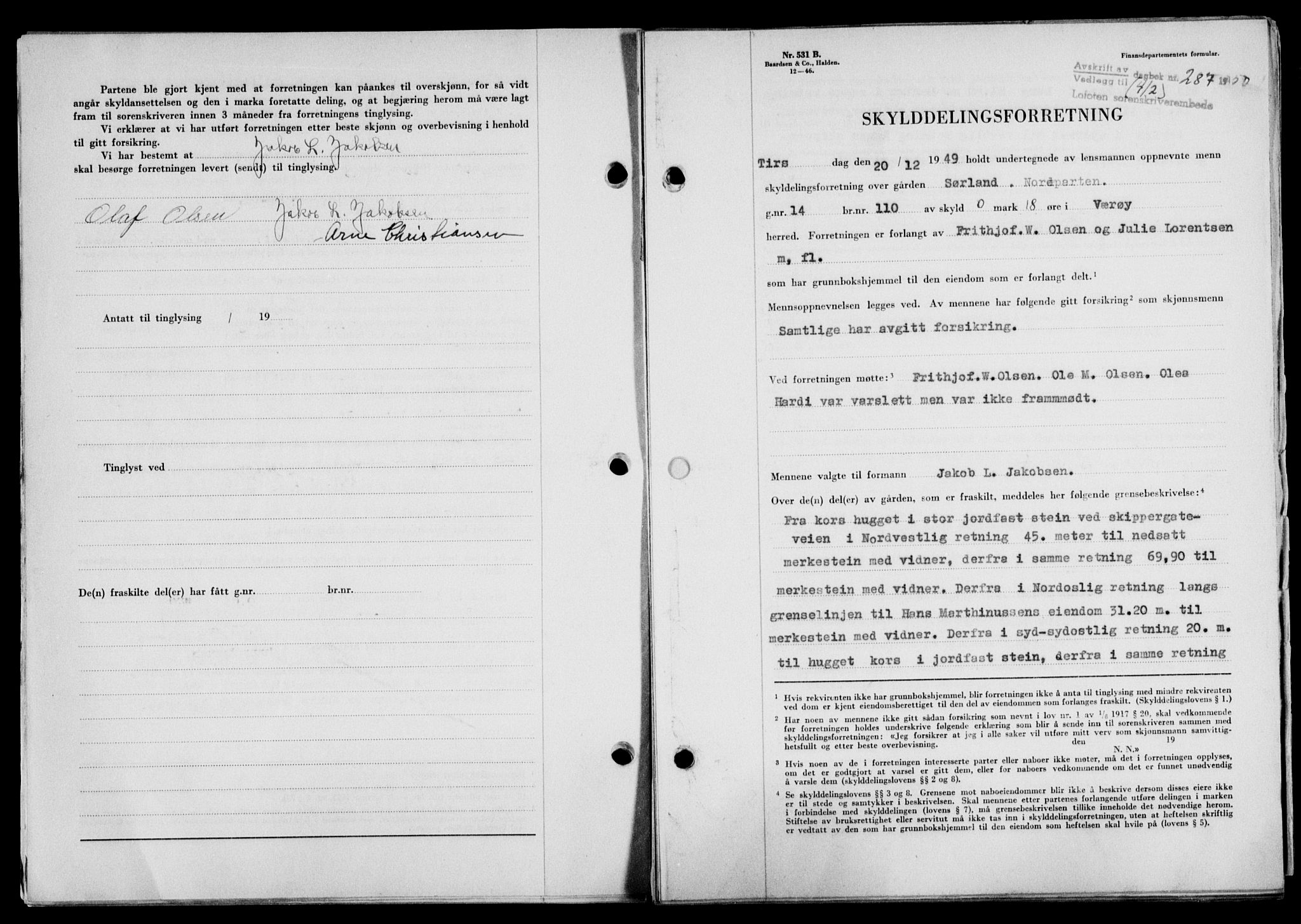 Lofoten sorenskriveri, SAT/A-0017/1/2/2C/L0023a: Mortgage book no. 23a, 1950-1950, Diary no: : 287/1950