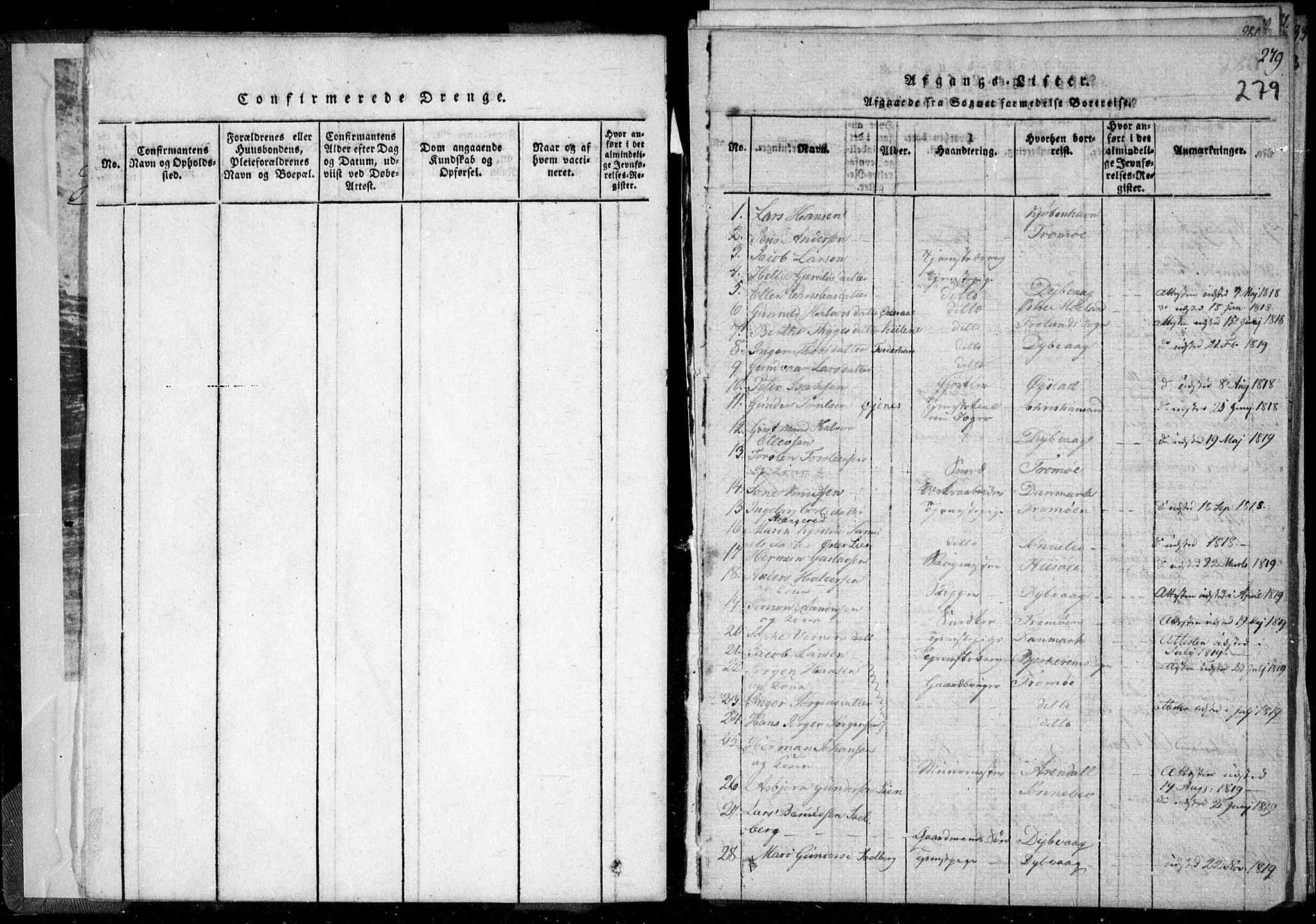 Holt sokneprestkontor, AV/SAK-1111-0021/F/Fa/L0005: Parish register (official) no. A 5, 1813-1821, p. 279