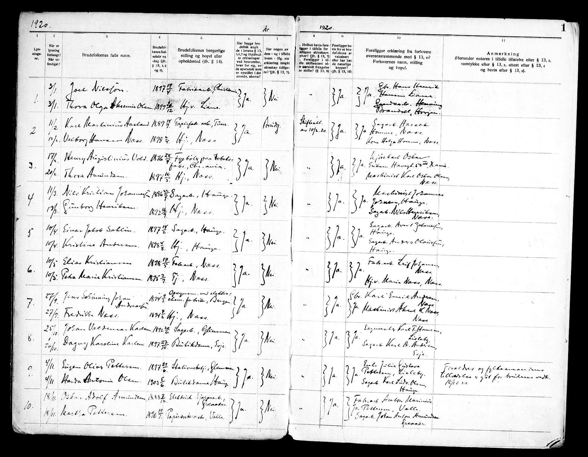 Rolvsøy prestekontor Kirkebøker, AV/SAO-A-2004/H/Ha/L0001: Banns register no. 1, 1919-1962, p. 1