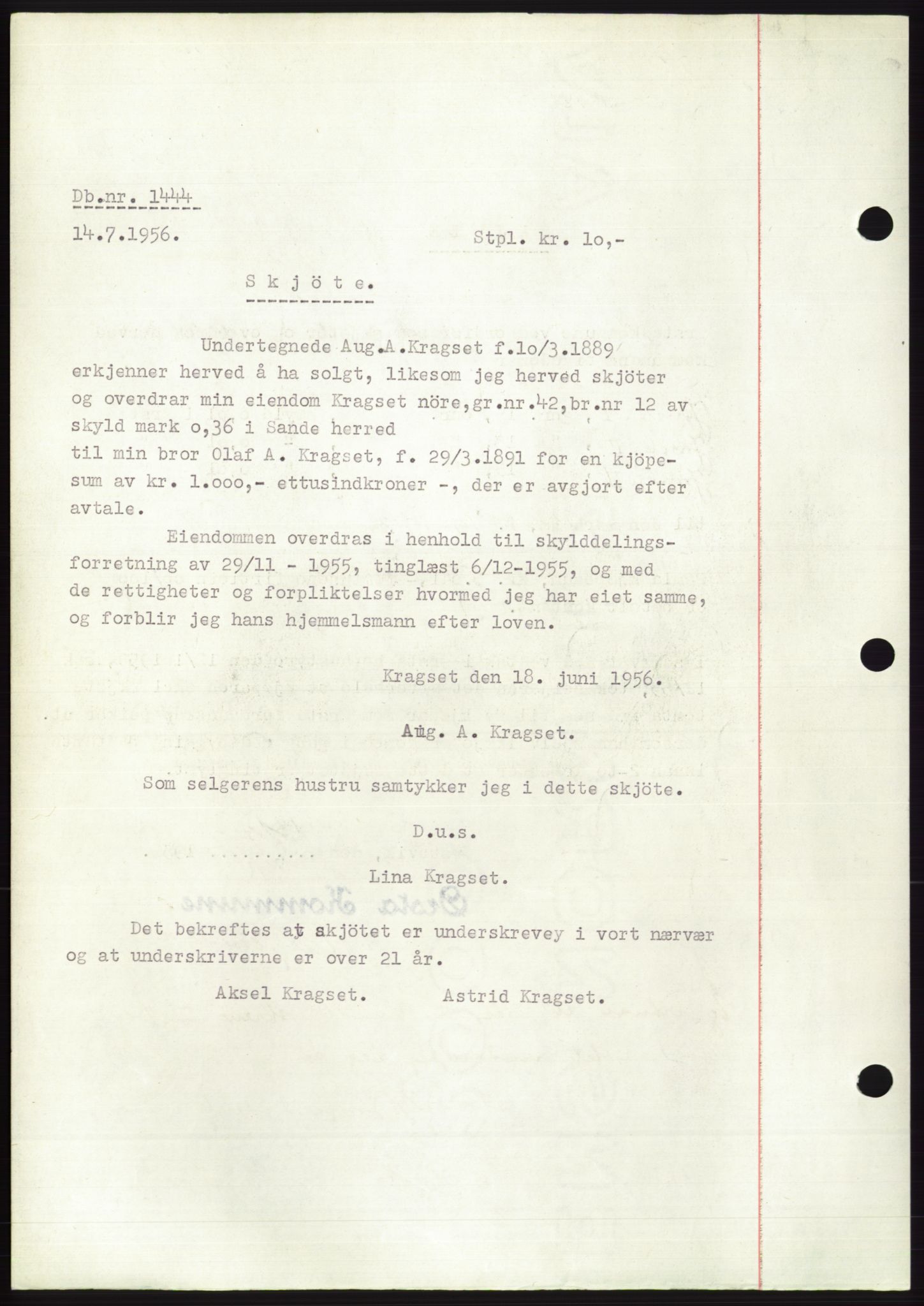 Søre Sunnmøre sorenskriveri, AV/SAT-A-4122/1/2/2C/L0104: Mortgage book no. 30A, 1956-1956, Diary no: : 1444/1956