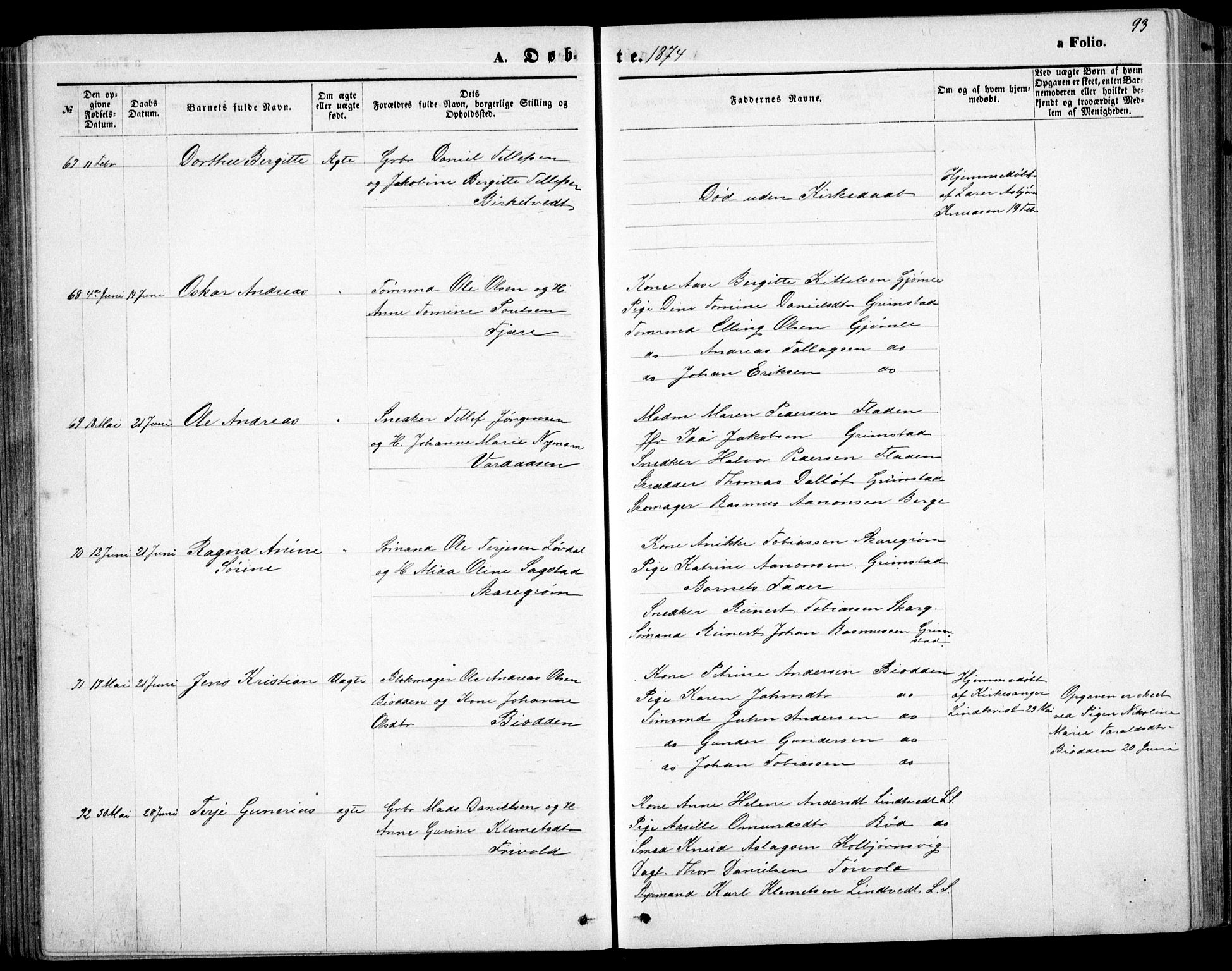 Fjære sokneprestkontor, SAK/1111-0011/F/Fb/L0010: Parish register (copy) no. B 10, 1871-1880, p. 93