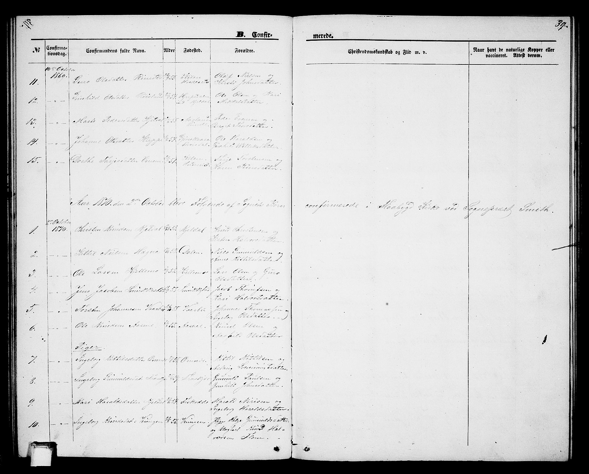 Lunde kirkebøker, SAKO/A-282/G/Gb/L0001: Parish register (copy) no. II 1, 1866-1887, p. 39