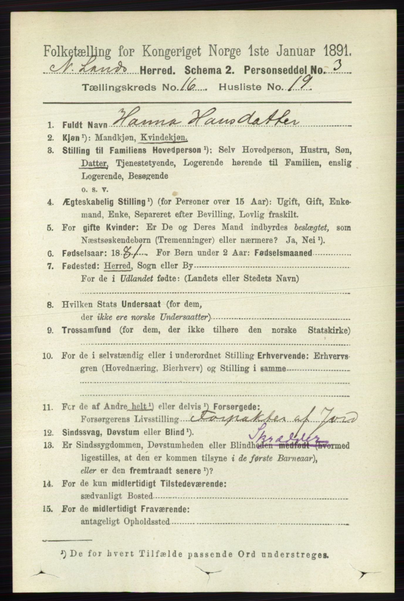 RA, 1891 census for 0538 Nordre Land, 1891, p. 4238