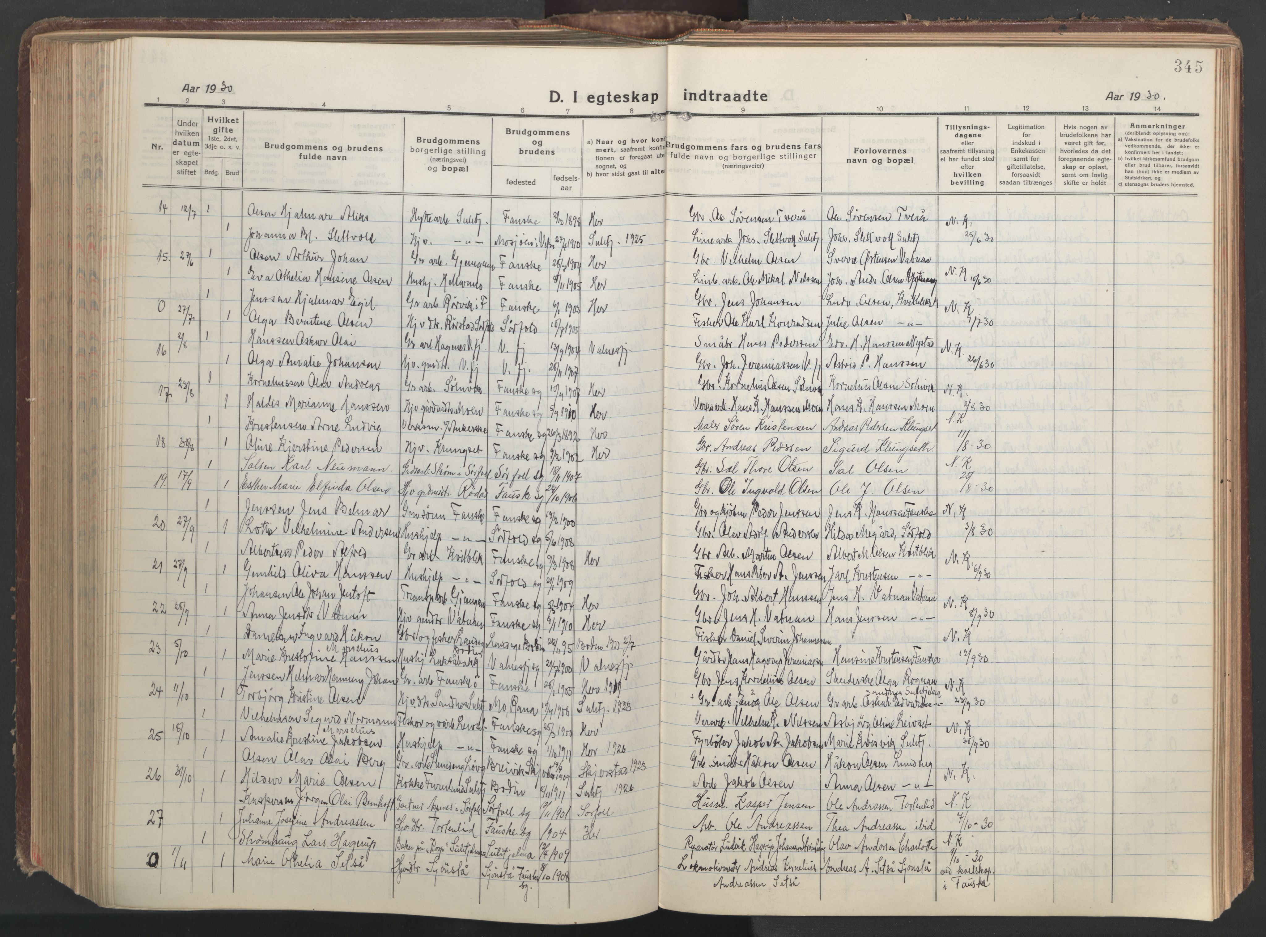 Ministerialprotokoller, klokkerbøker og fødselsregistre - Nordland, AV/SAT-A-1459/849/L0700: Parish register (copy) no. 849C01, 1919-1946, p. 345