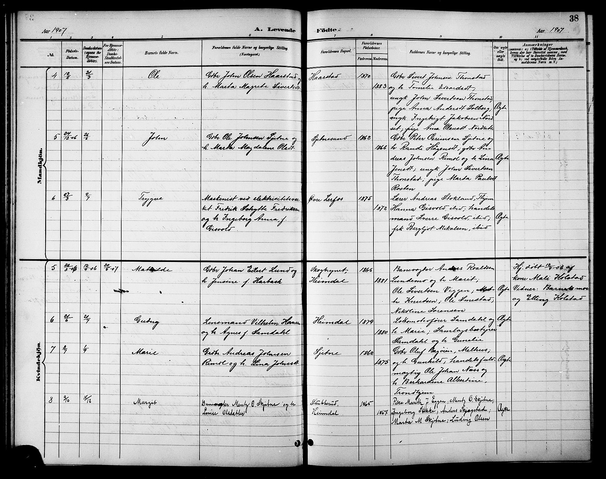 Ministerialprotokoller, klokkerbøker og fødselsregistre - Sør-Trøndelag, SAT/A-1456/621/L0460: Parish register (copy) no. 621C03, 1896-1914, p. 38