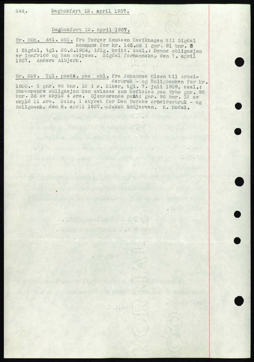 Eiker, Modum og Sigdal sorenskriveri, SAKO/A-123/G/Ga/Gab/L0035: Mortgage book no. A5, 1937-1937, Diary no: : 808/1937