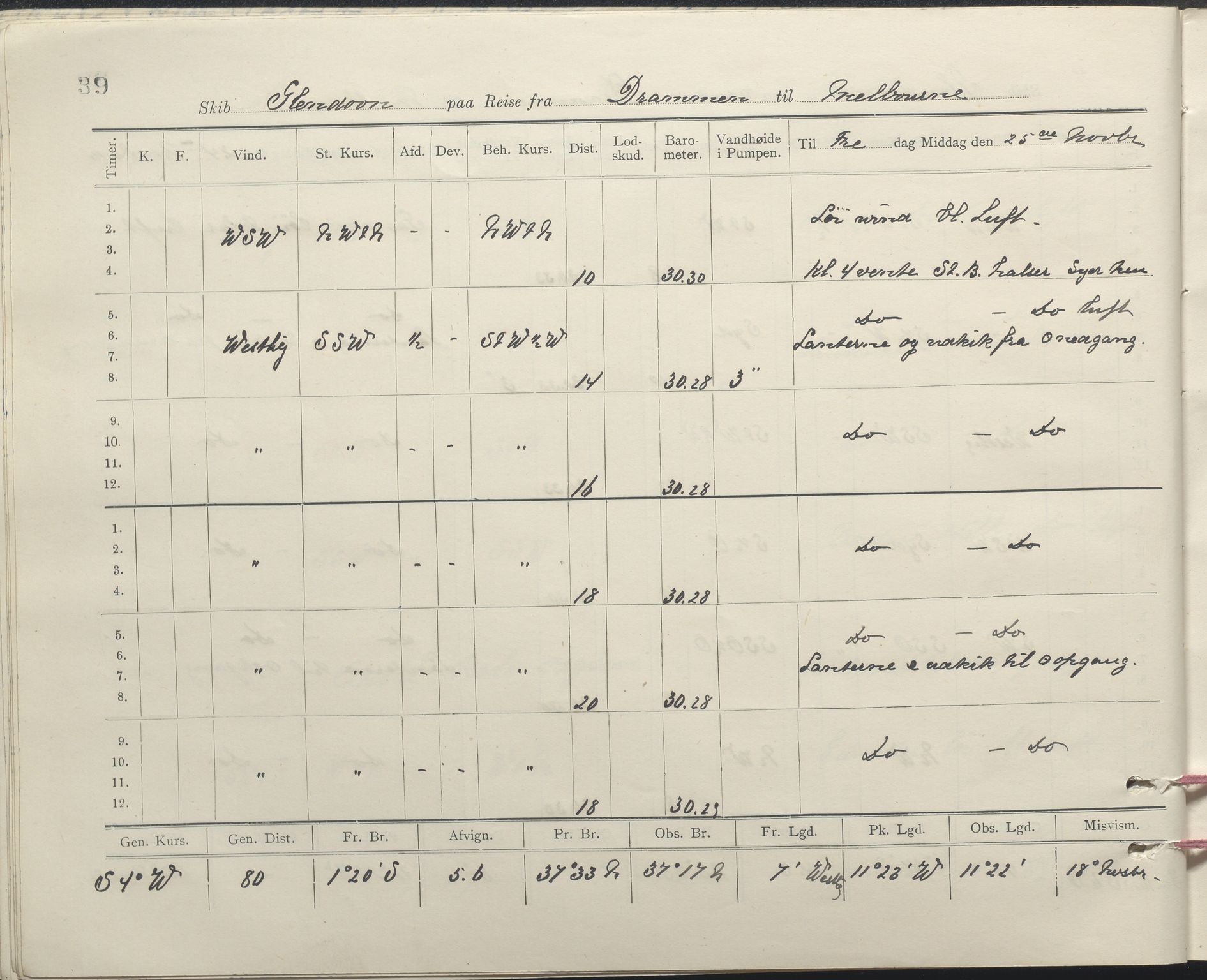 , PA-1348 Mathiesen, Erik Martinius; logbok Glendoon 1910-1911, 1910-1911, p. 39