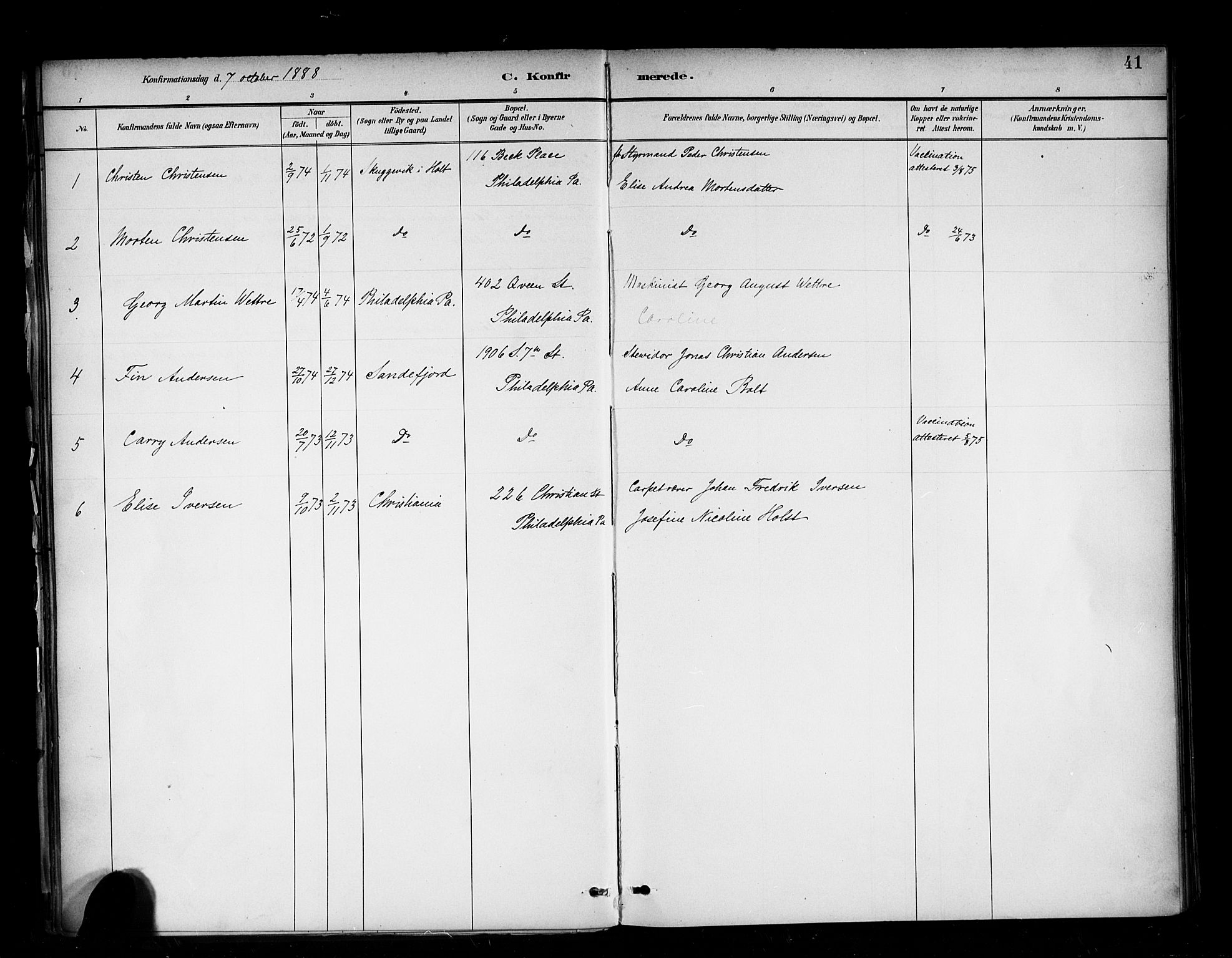Den norske sjømannsmisjon i utlandet/New York, SAB/SAB/PA-0110/H/Ha/L0002: Parish register (official) no. A 2, 1886-1888, p. 41