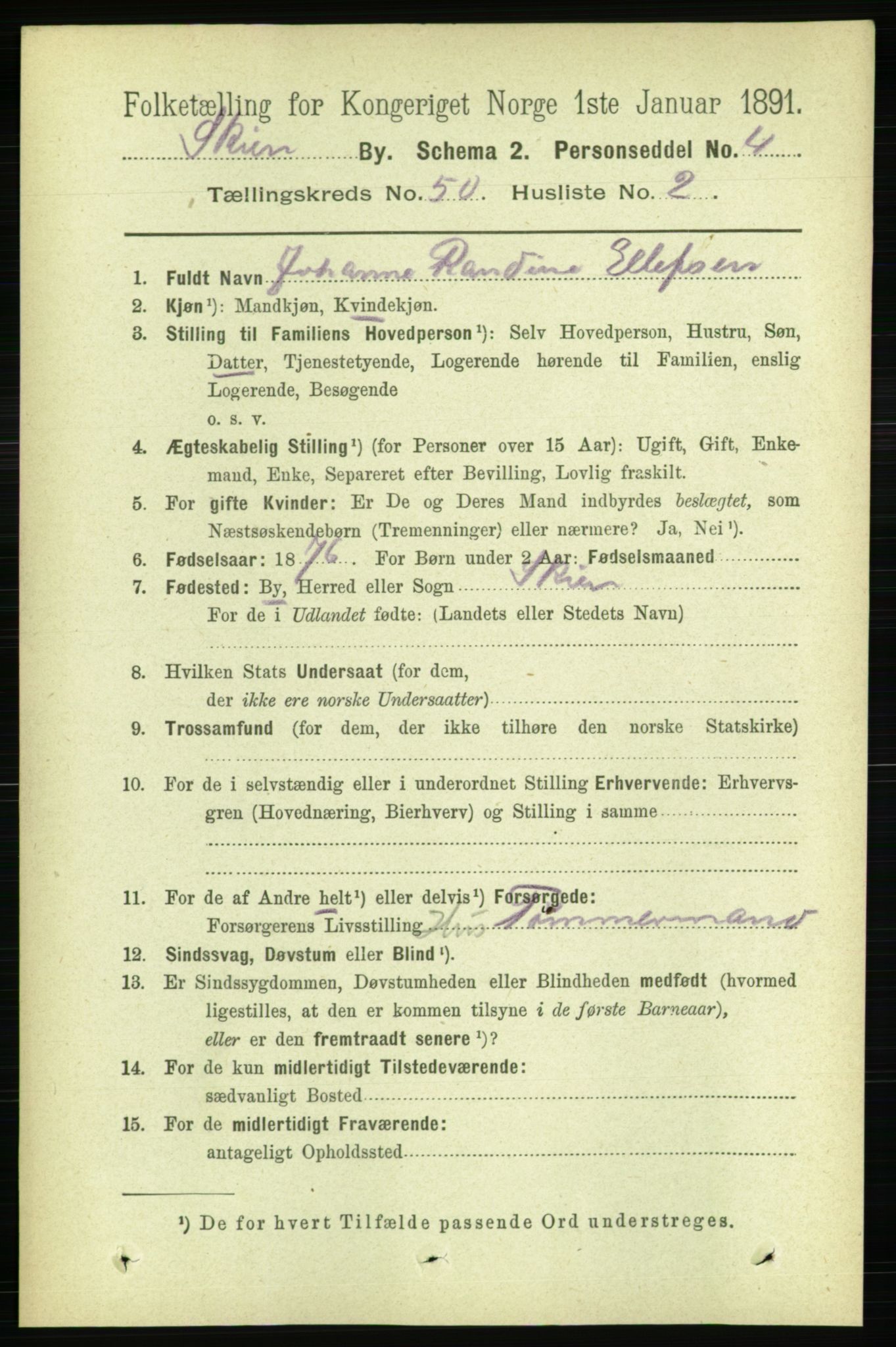 RA, 1891 census for 0806 Skien, 1891, p. 10749