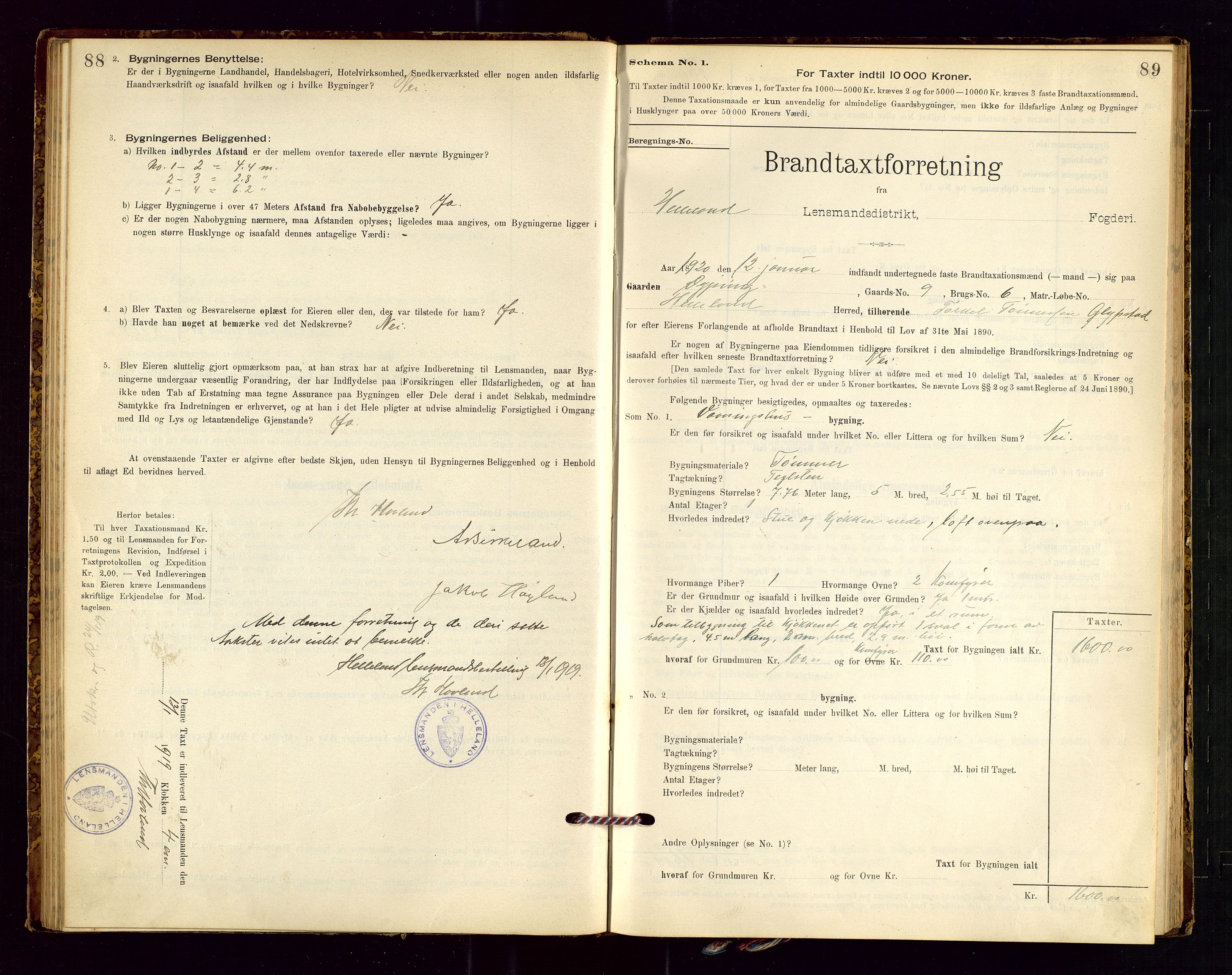 Helleland lensmannskontor, SAST/A-100209/Gob/L0001: "Brandtaxationsprotokol", 1896-1919, p. 88-89
