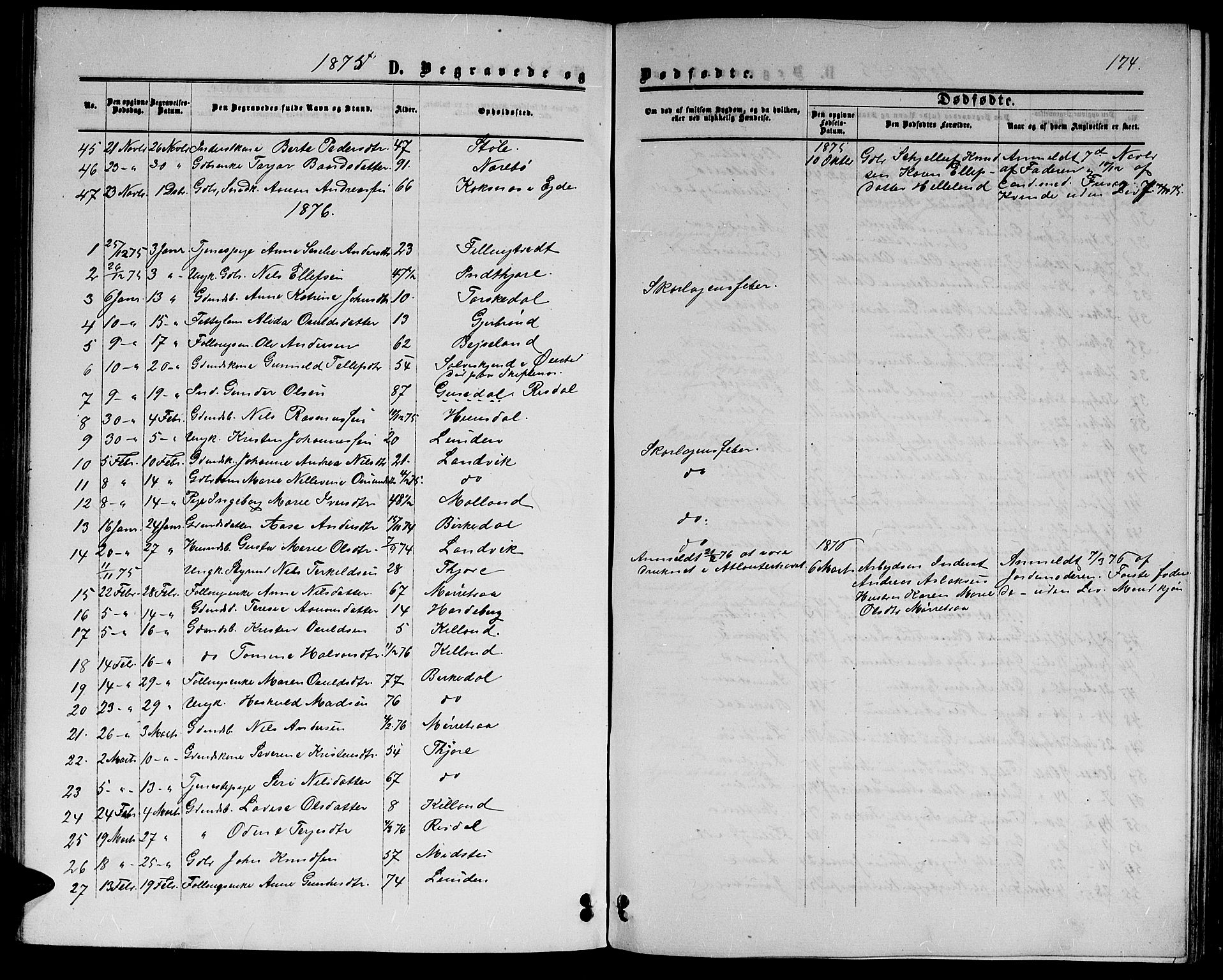 Hommedal sokneprestkontor, SAK/1111-0023/F/Fb/Fbb/L0006: Parish register (copy) no. B 6, 1869-1884, p. 174