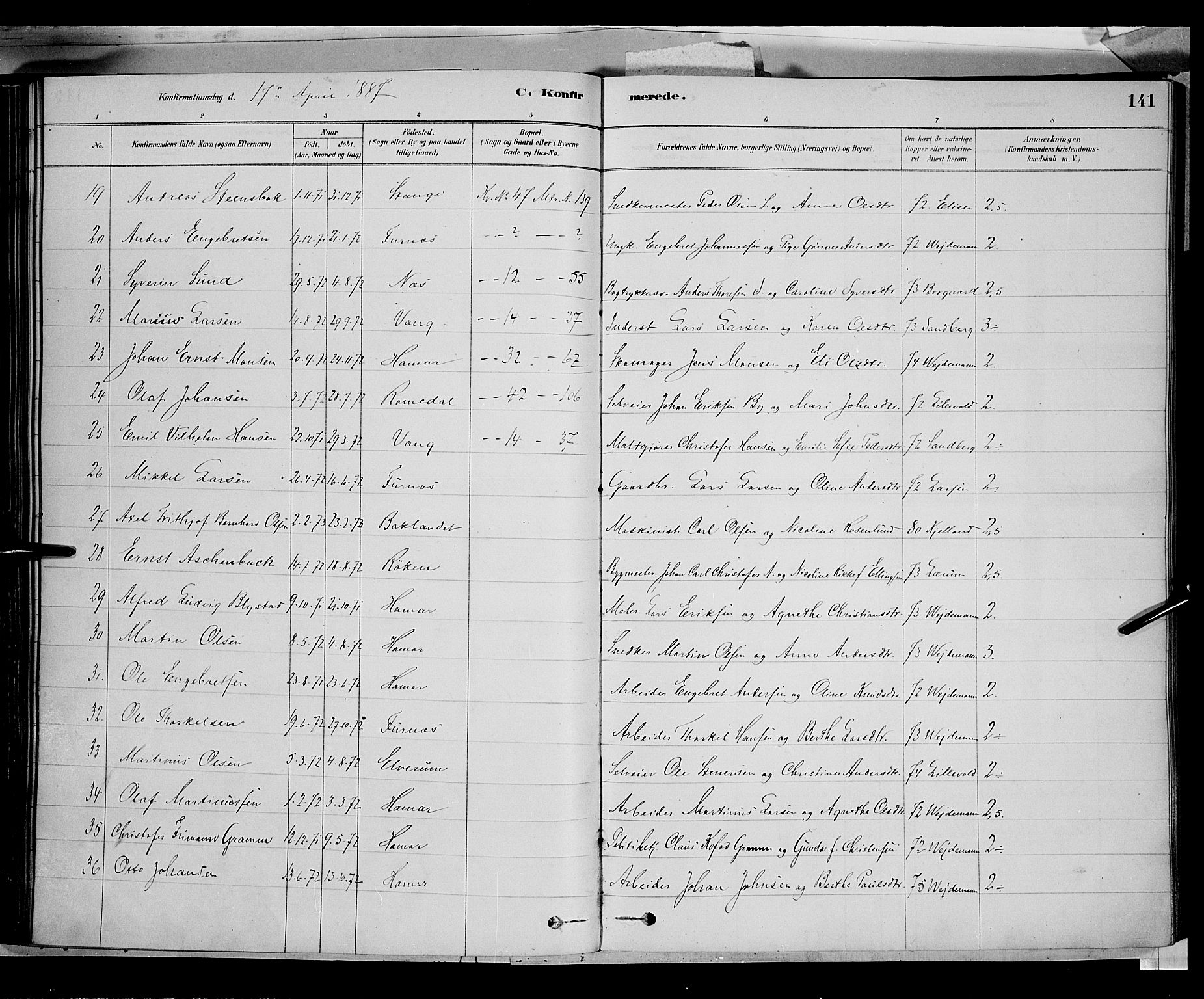 Vang prestekontor, Hedmark, AV/SAH-PREST-008/H/Ha/Haa/L0016: Parish register (official) no. 16, 1878-1889, p. 141