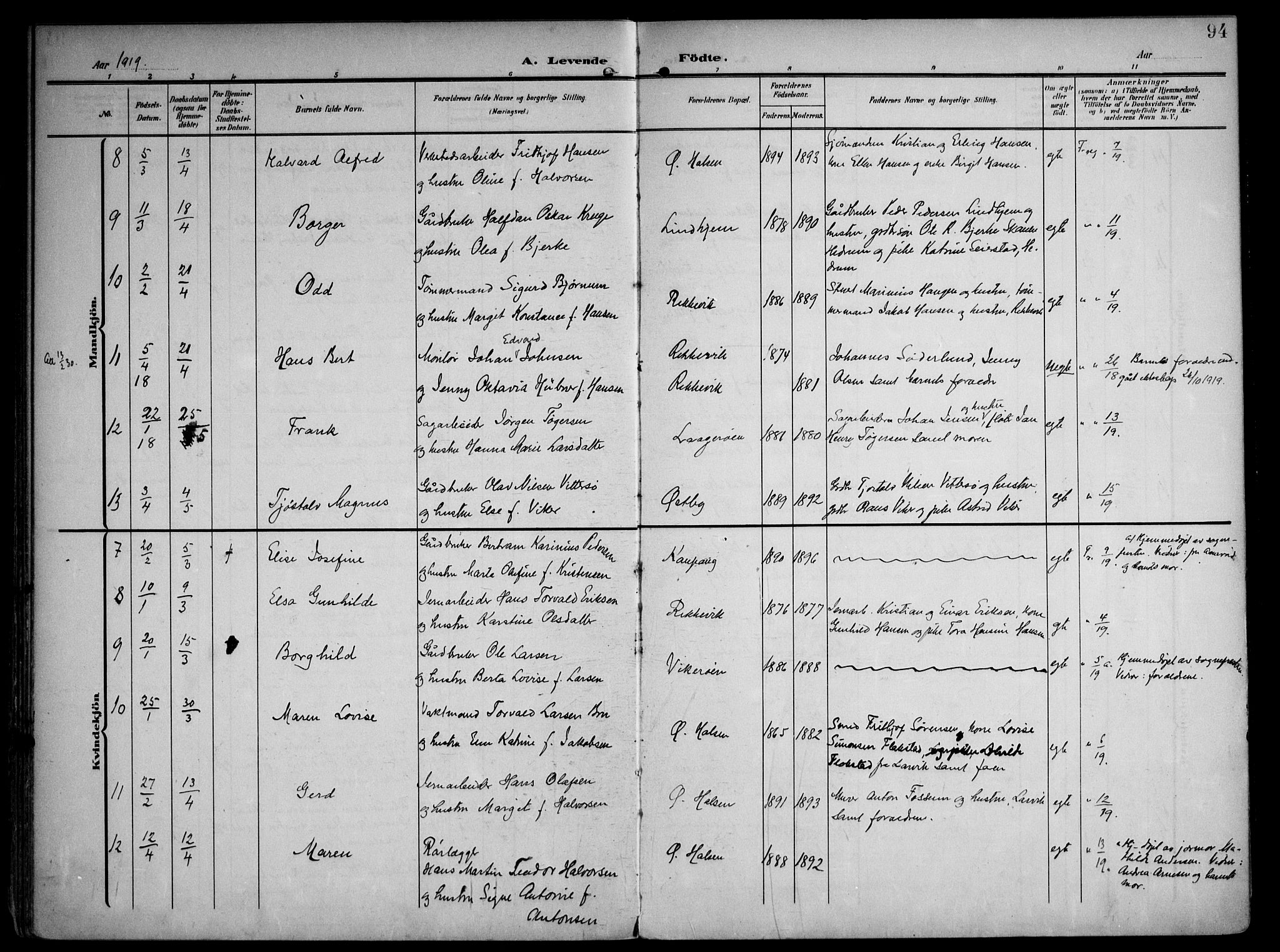 Tjølling kirkebøker, AV/SAKO-A-60/F/Fa/L0010: Parish register (official) no. 10, 1906-1923, p. 94