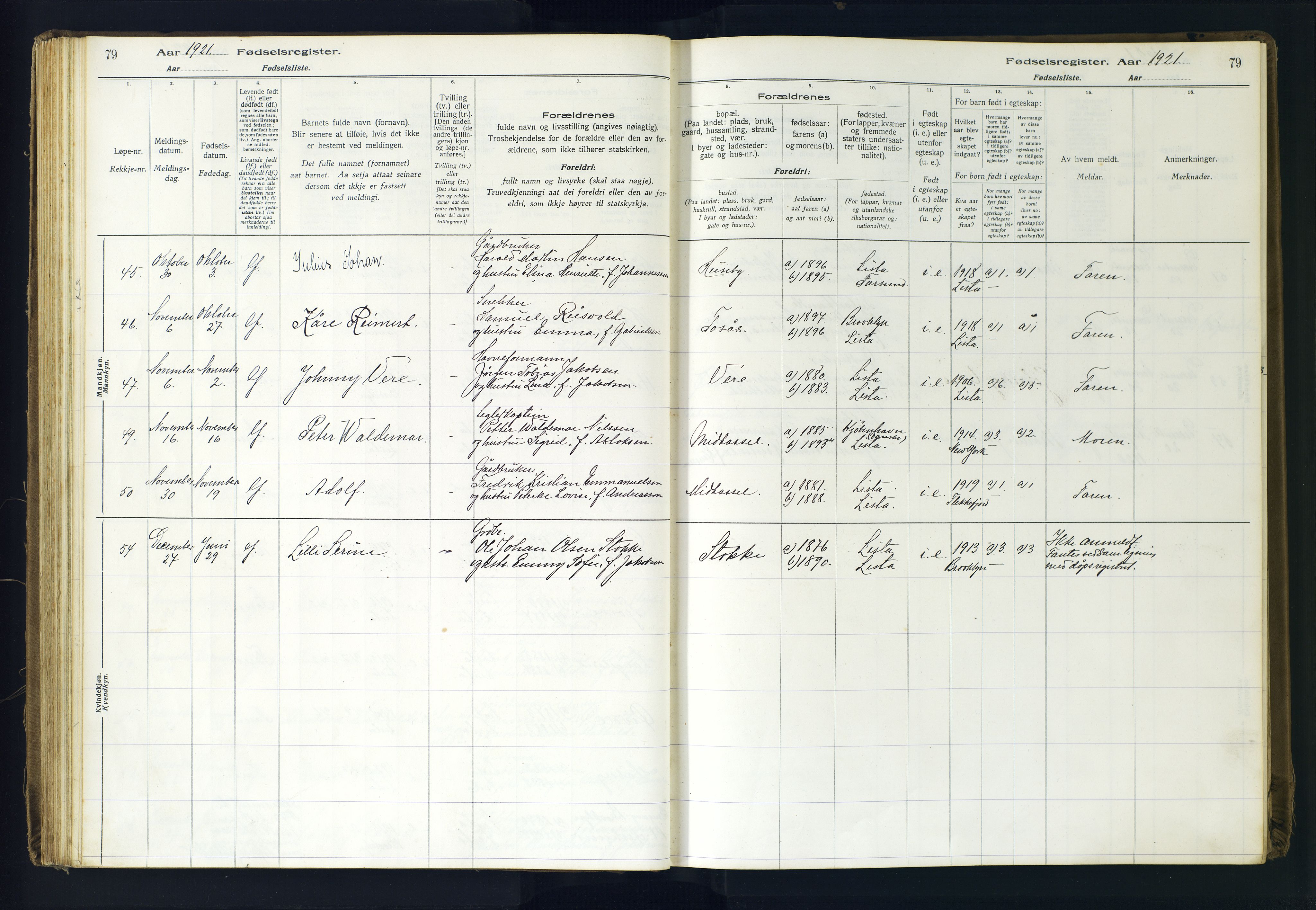 Lista sokneprestkontor, AV/SAK-1111-0027/J/Ja/L0001: Birth register no. A-VI-30, 1916-1934, p. 79